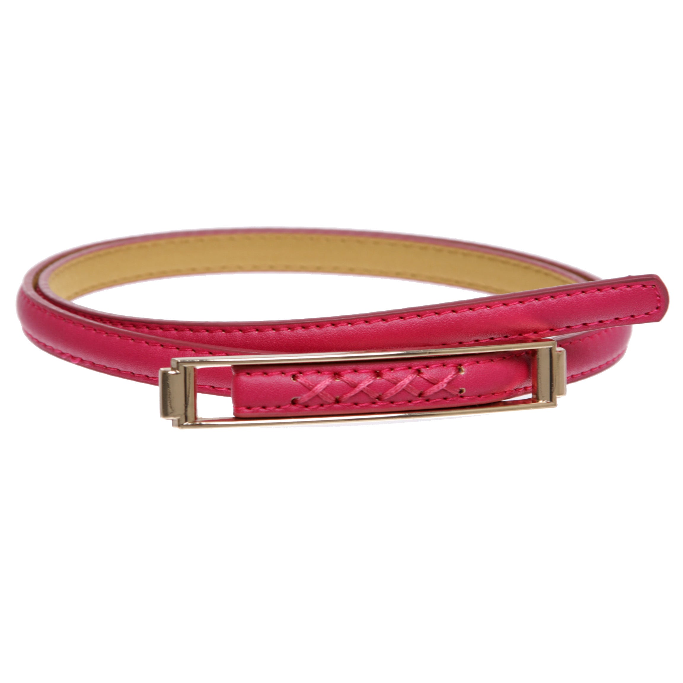 Womens Thin Belts Skinny Faux Leather Stitch Belt with Gold Tone Buckle - OnlineBelts