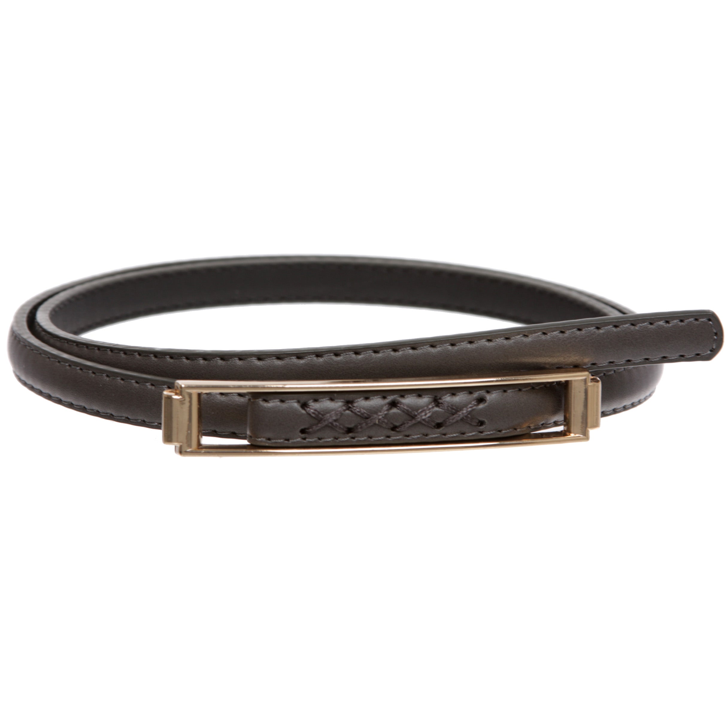 Womens Thin Belts Skinny Faux Leather Stitch Belt with Gold Tone Buckle - OnlineBelts