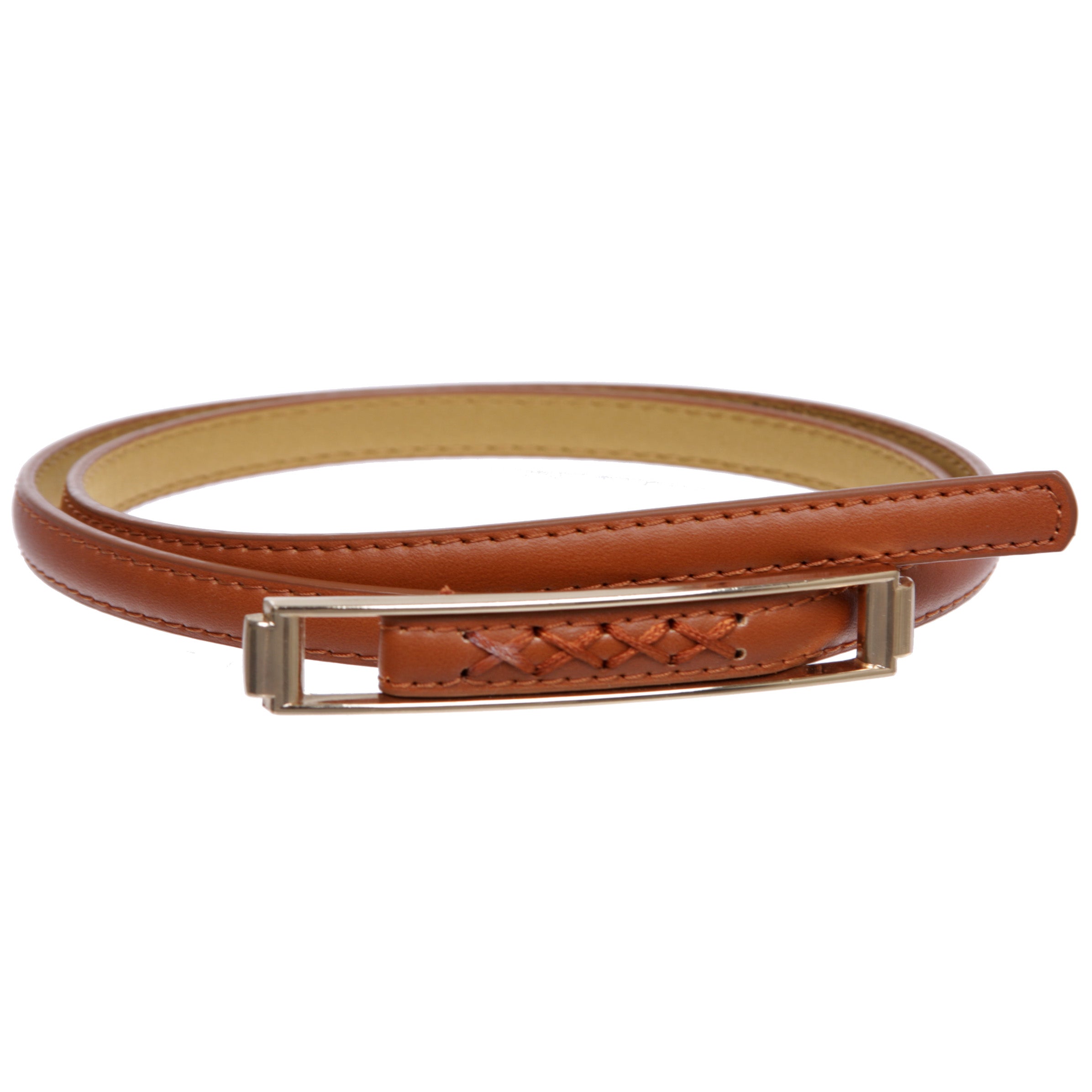 Womens Thin Belts Skinny Faux Leather Stitch Belt with Gold Tone Buckle - OnlineBelts