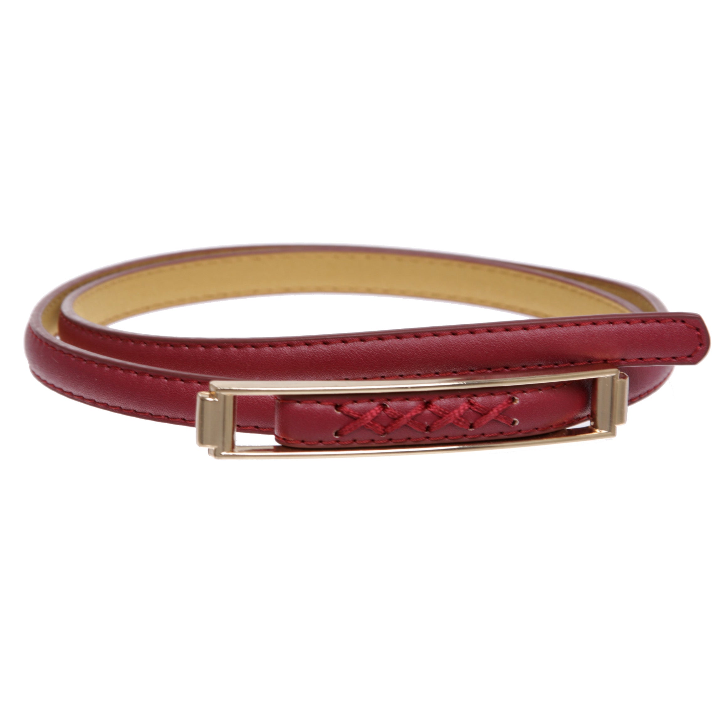 Womens Thin Belts Skinny Faux Leather Stitch Belt with Gold Tone Buckle - OnlineBelts