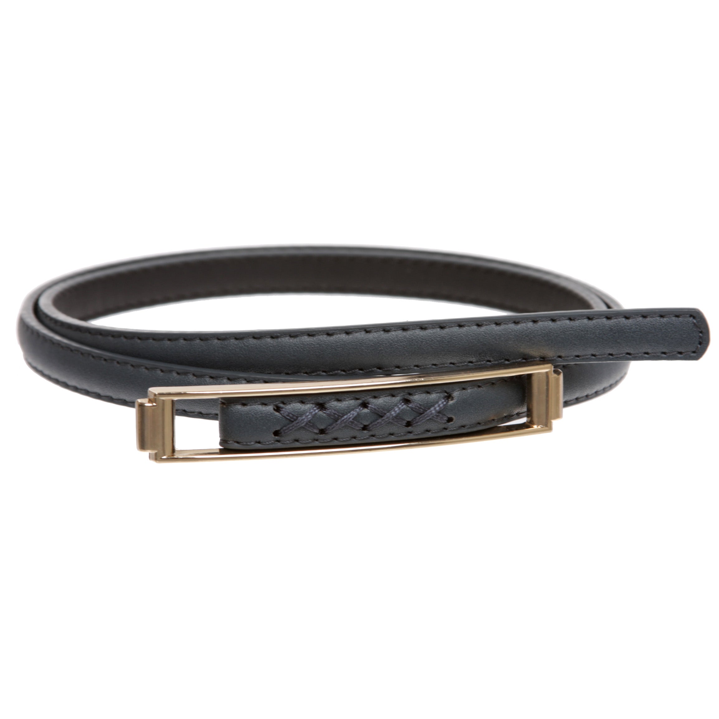 Womens Thin Belts Skinny Faux Leather Stitch Belt with Gold Tone Buckle - OnlineBelts