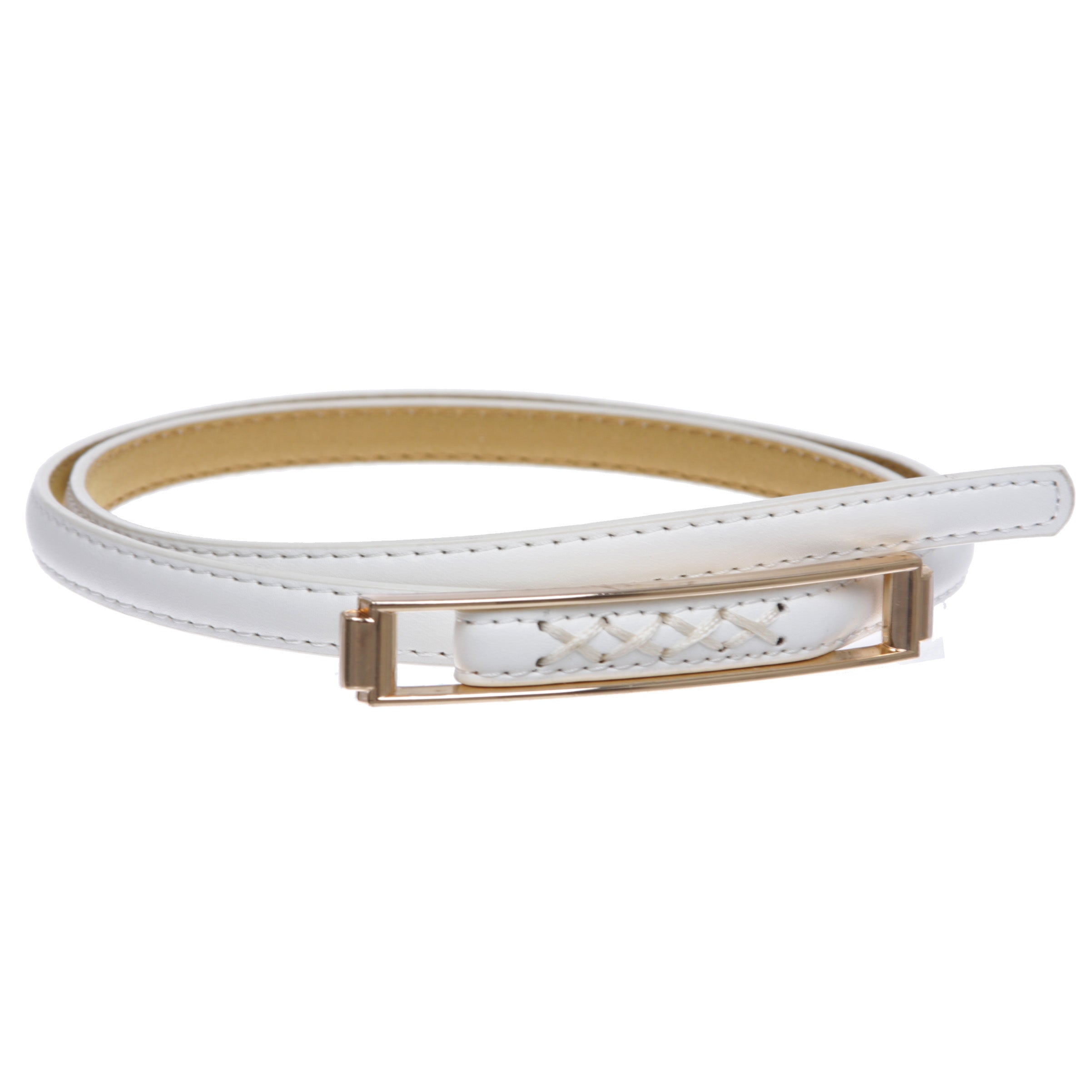 Womens Thin Belts Skinny Faux Leather Stitch Belt with Gold Tone Buckle - OnlineBelts