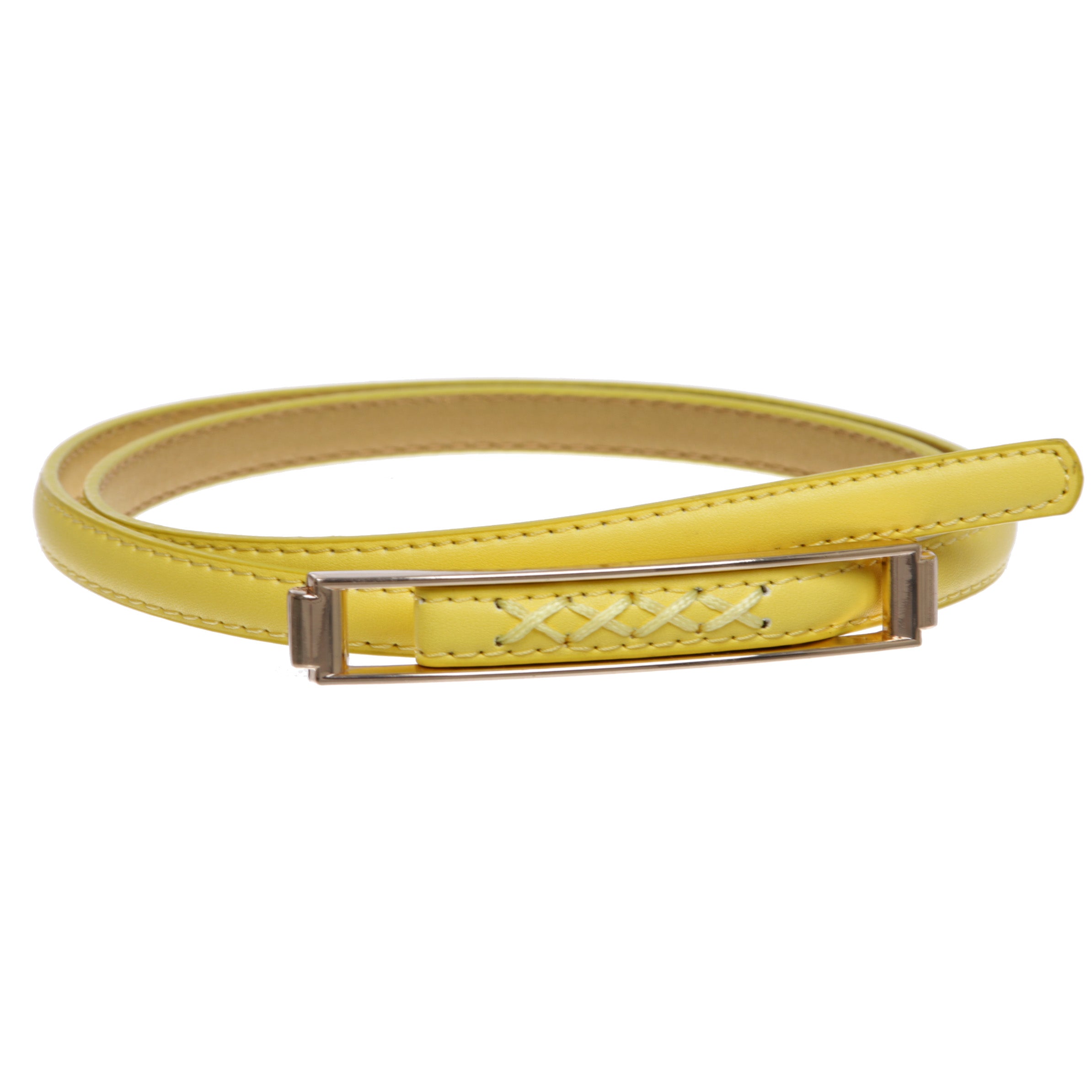 Womens Thin Belts Skinny Faux Leather Stitch Belt with Gold Tone Buckle - OnlineBelts