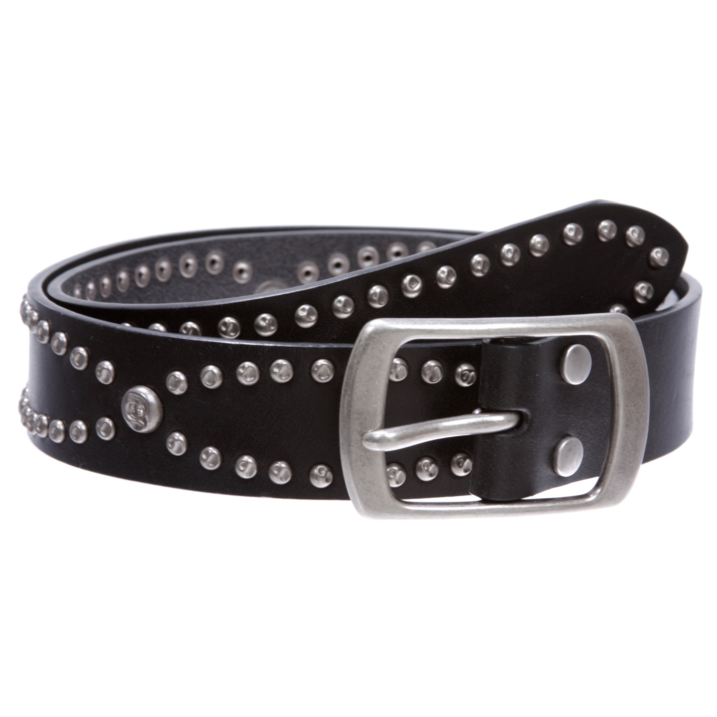 Western Snap on Hammered Rivet Silver Circle Metal Studded Cowhide Leather Belt - OnlineBelts