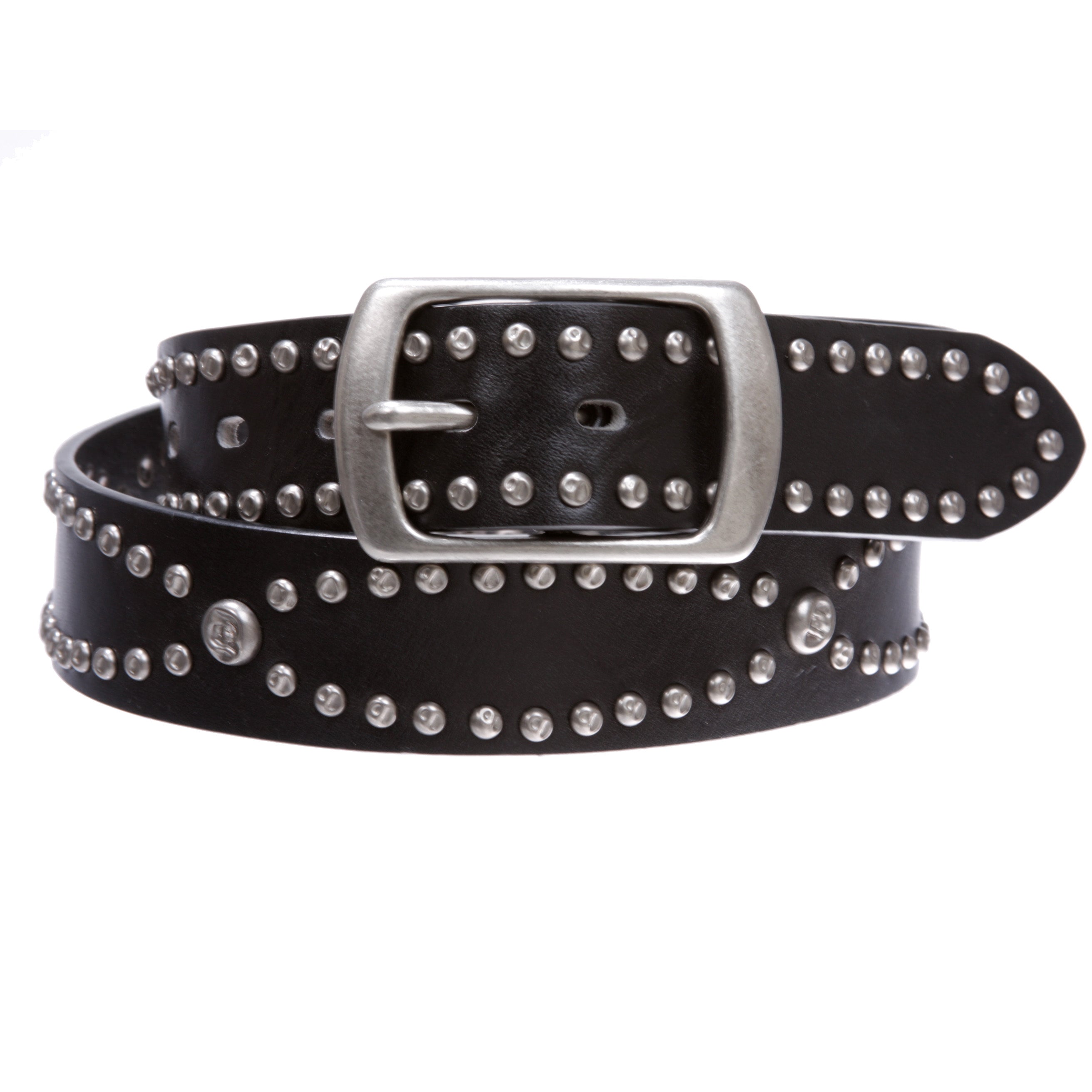Western Snap on Hammered Rivet Silver Circle Metal Studded Cowhide Leather Belt - OnlineBelts