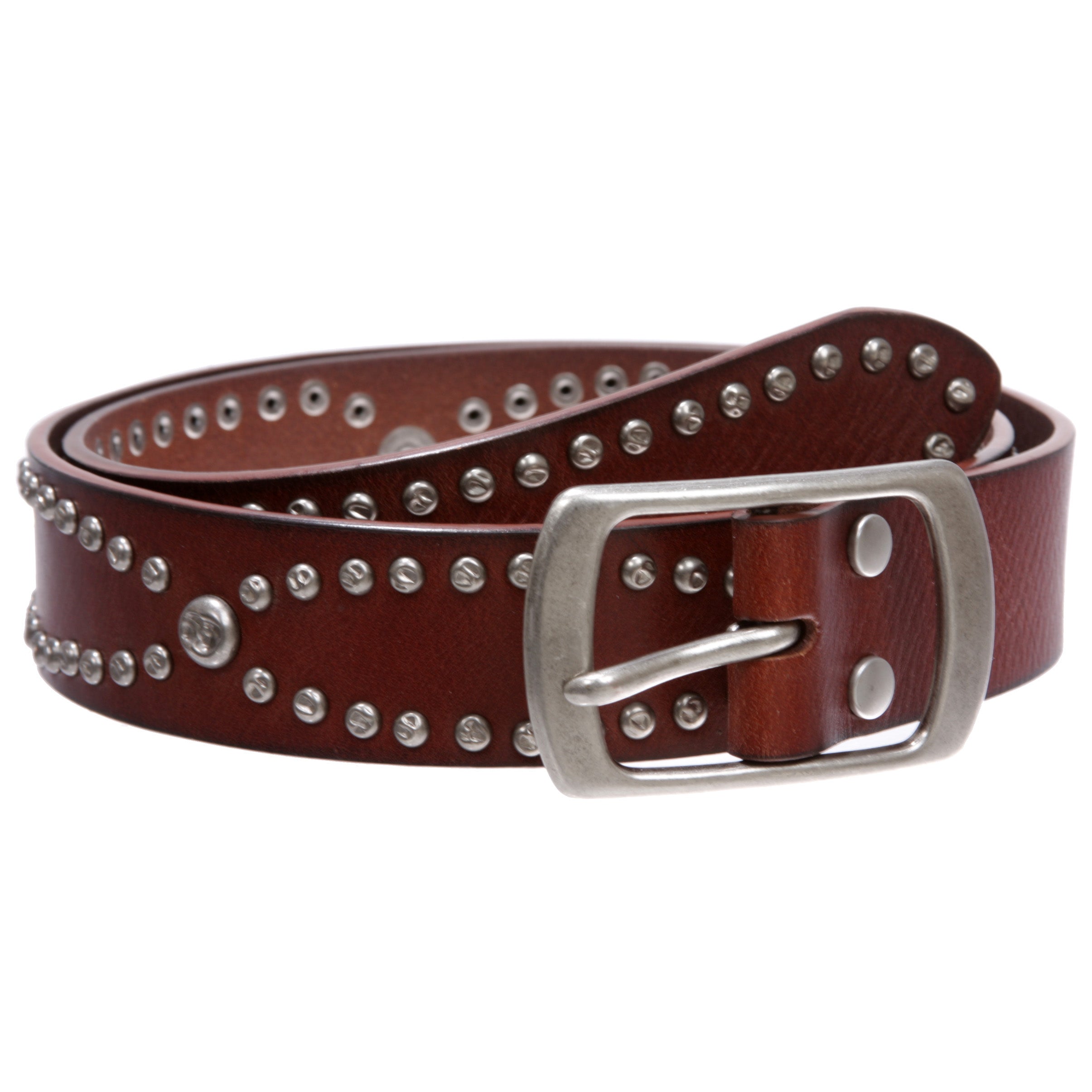 Western Snap on Hammered Rivet Silver Circle Metal Studded Cowhide Leather Belt - OnlineBelts