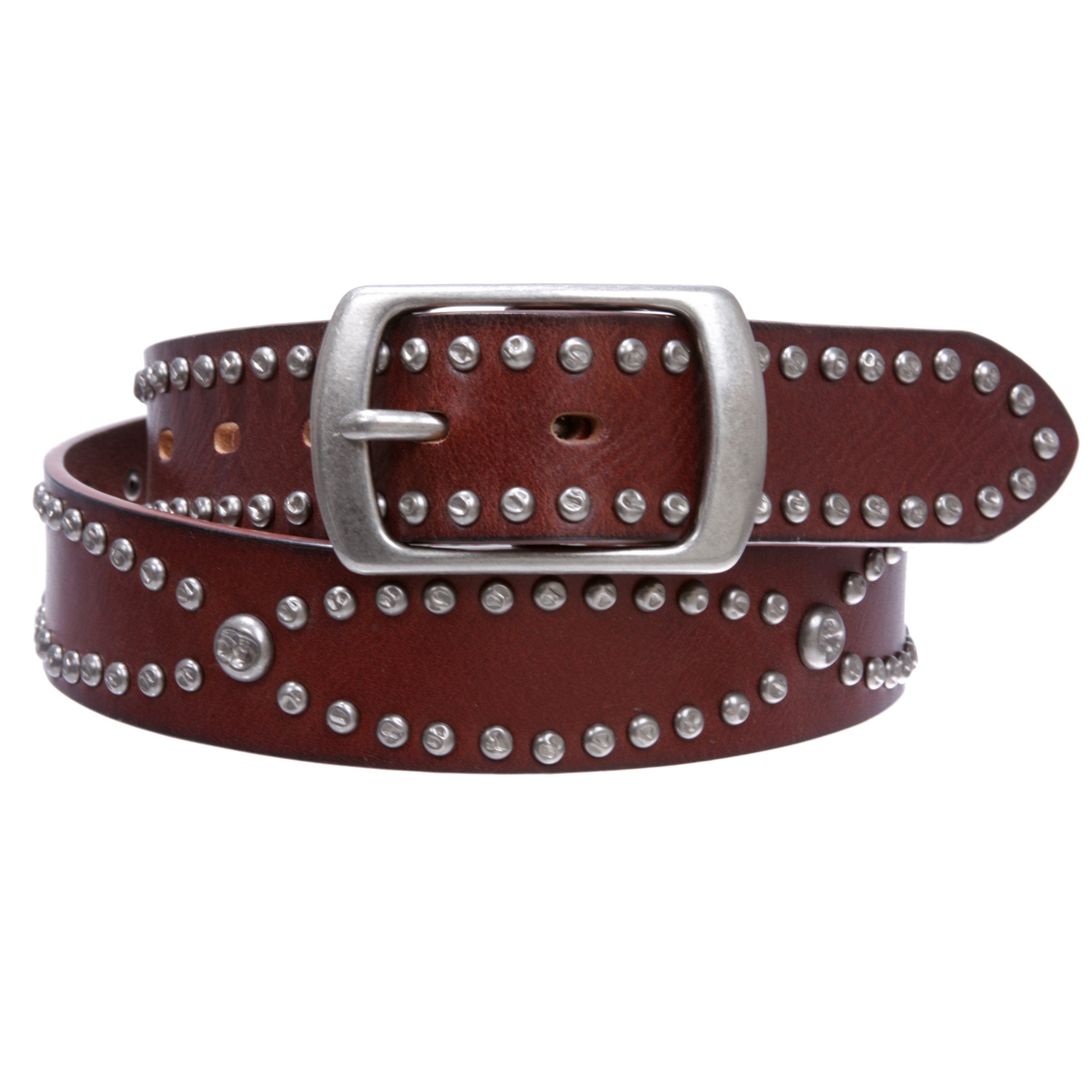 Western Snap on Hammered Rivet Silver Circle Metal Studded Cowhide Leather Belt - OnlineBelts