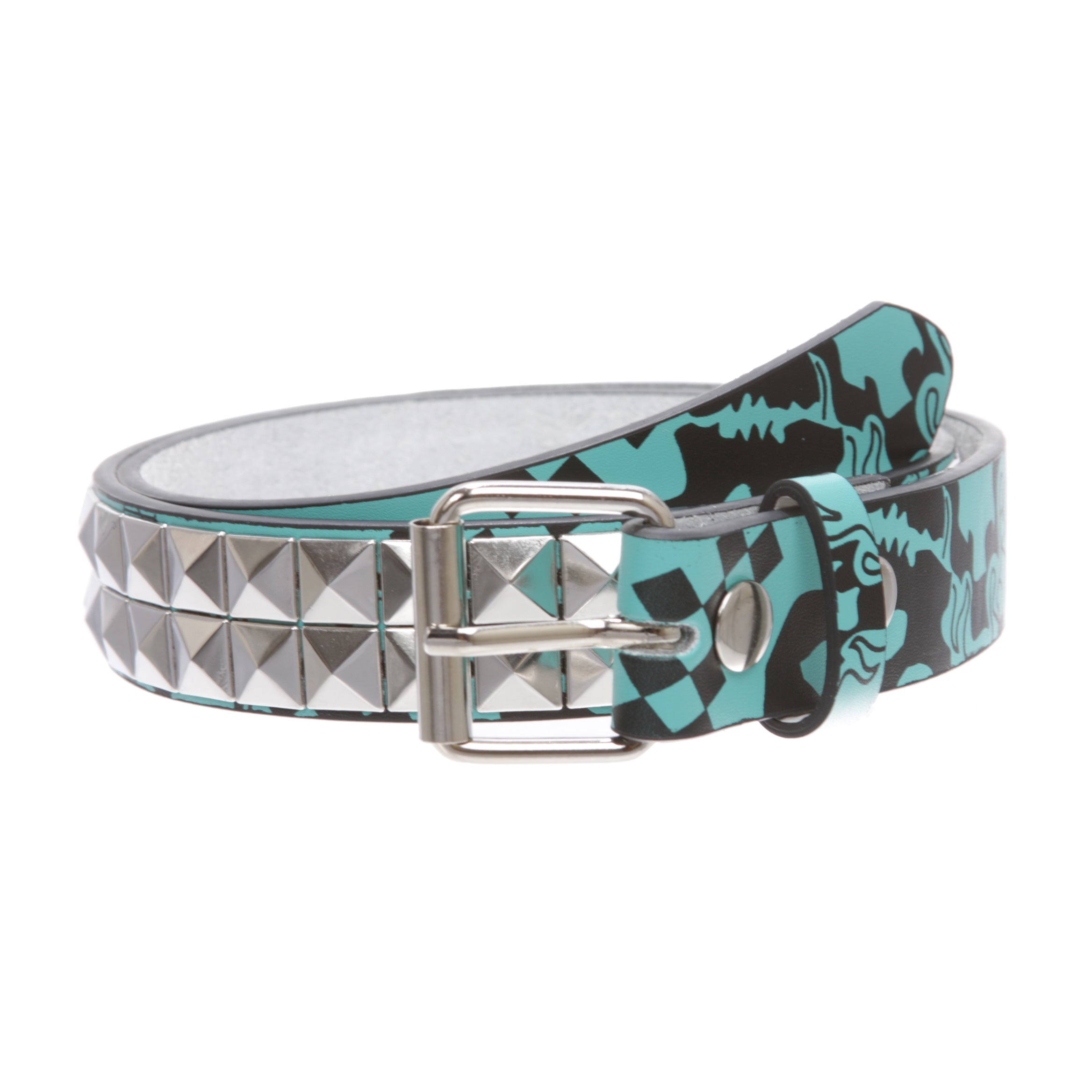 Kids Snap On Art work Skull Cross Bone Punk Rock Silver Studded Leather Belt - OnlineBelts