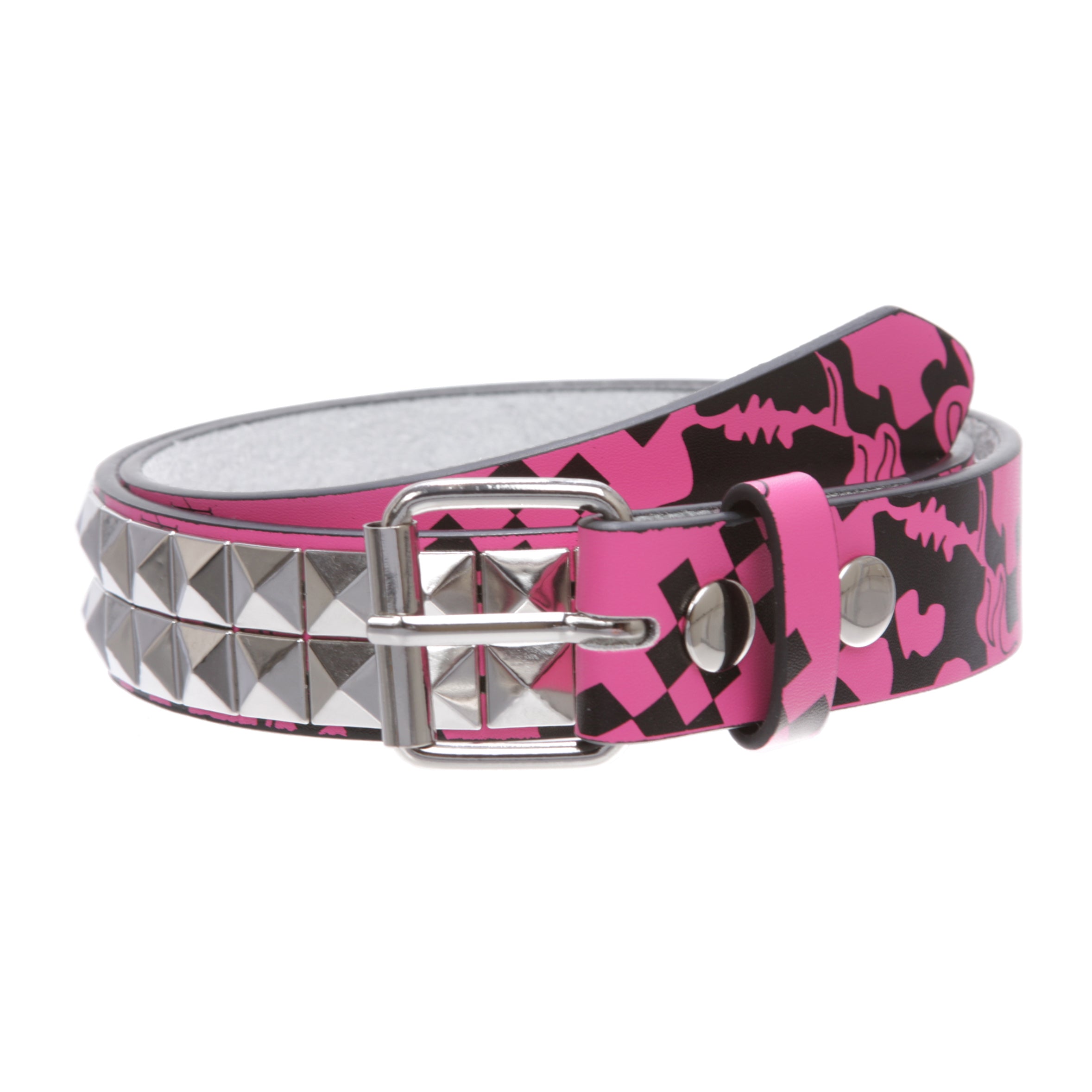 Kids Snap On Art work Skull Cross Bone Punk Rock Silver Studded Leather Belt - OnlineBelts