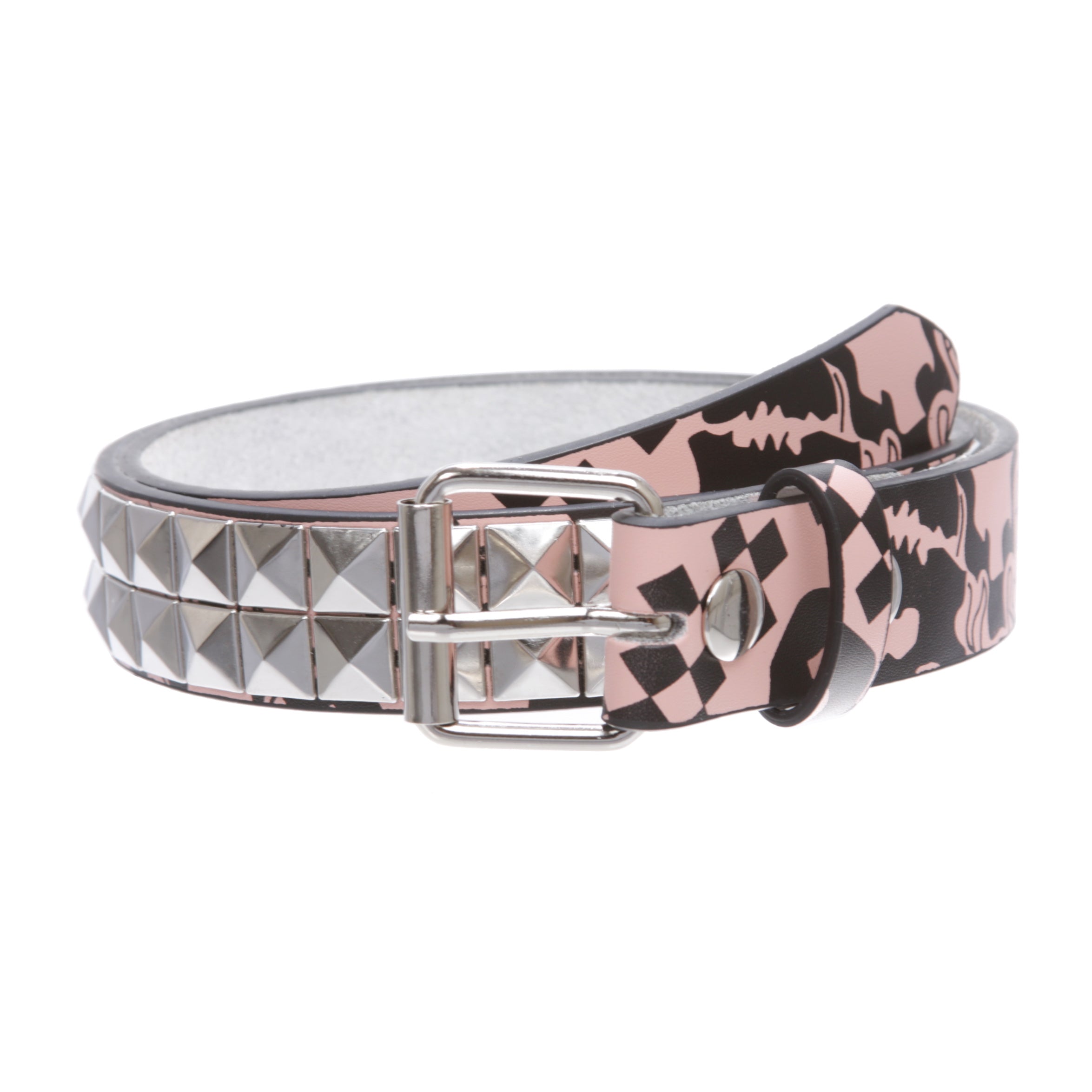 Kids Snap On Art work Skull Cross Bone Punk Rock Silver Studded Leather Belt - OnlineBelts