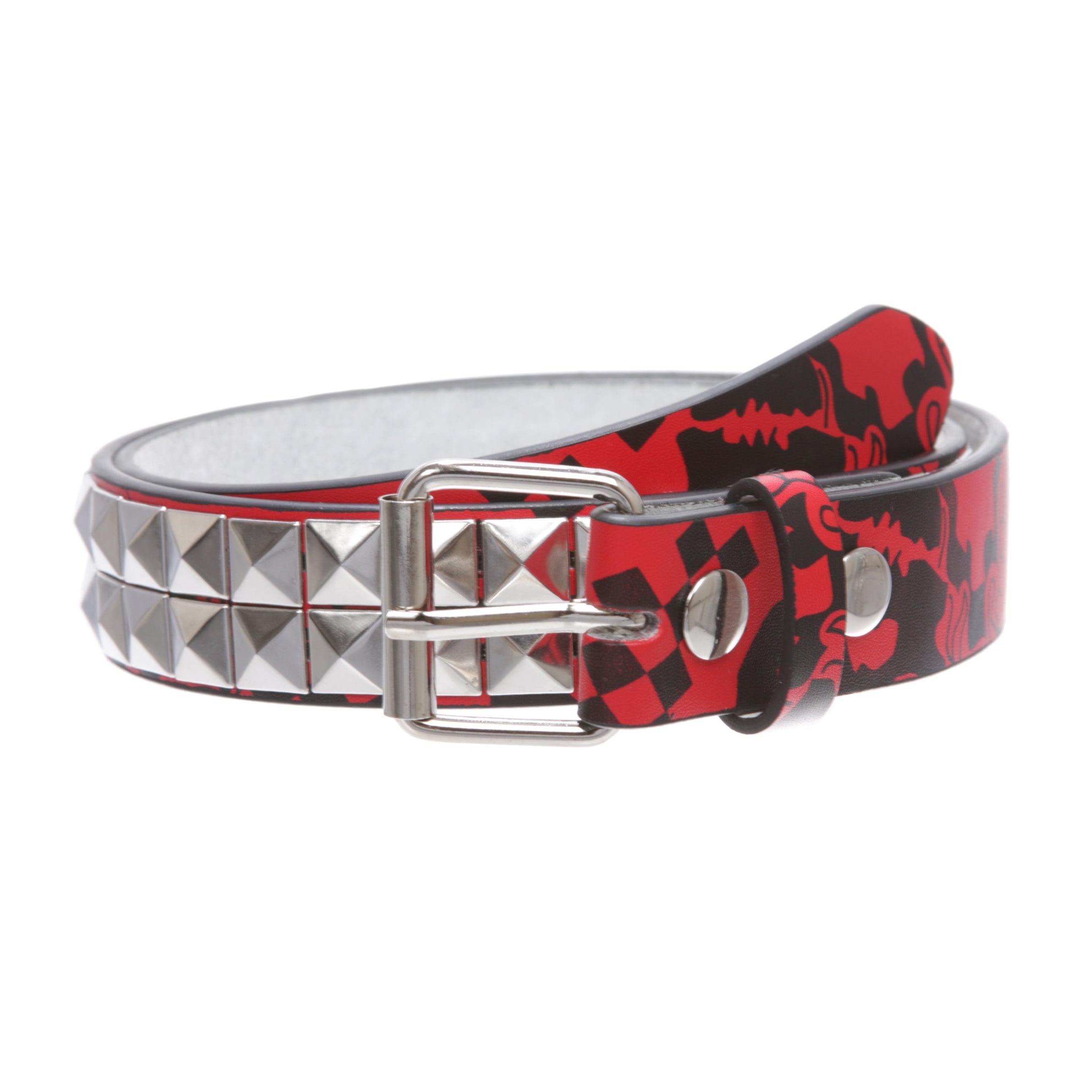 Kids Snap On Art work Skull Cross Bone Punk Rock Silver Studded Leather Belt - OnlineBelts