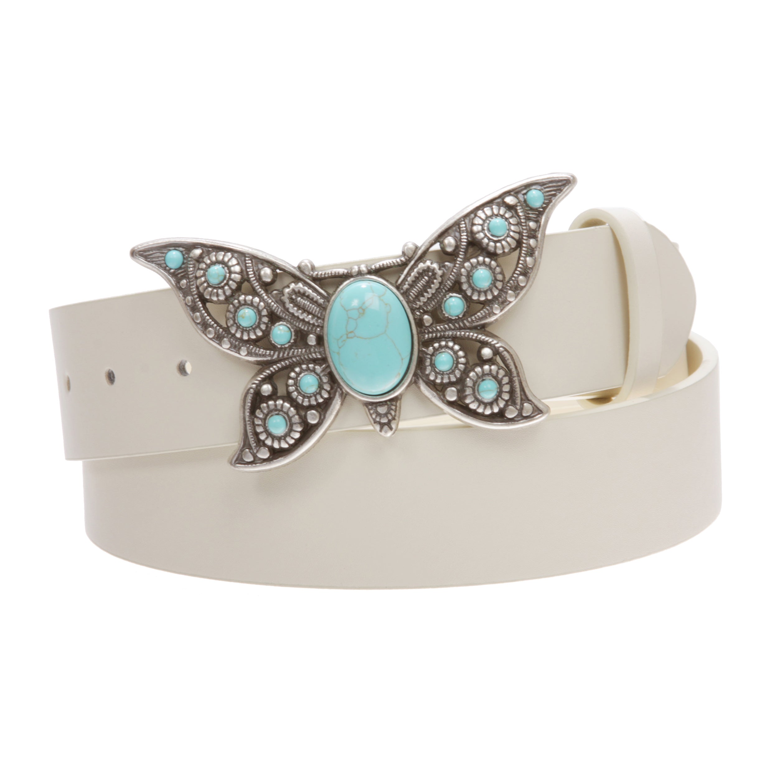 Women's Casual Jean Belt with Perforated Turquoise Stone Butterfly Belt Buckle - OnlineBelts