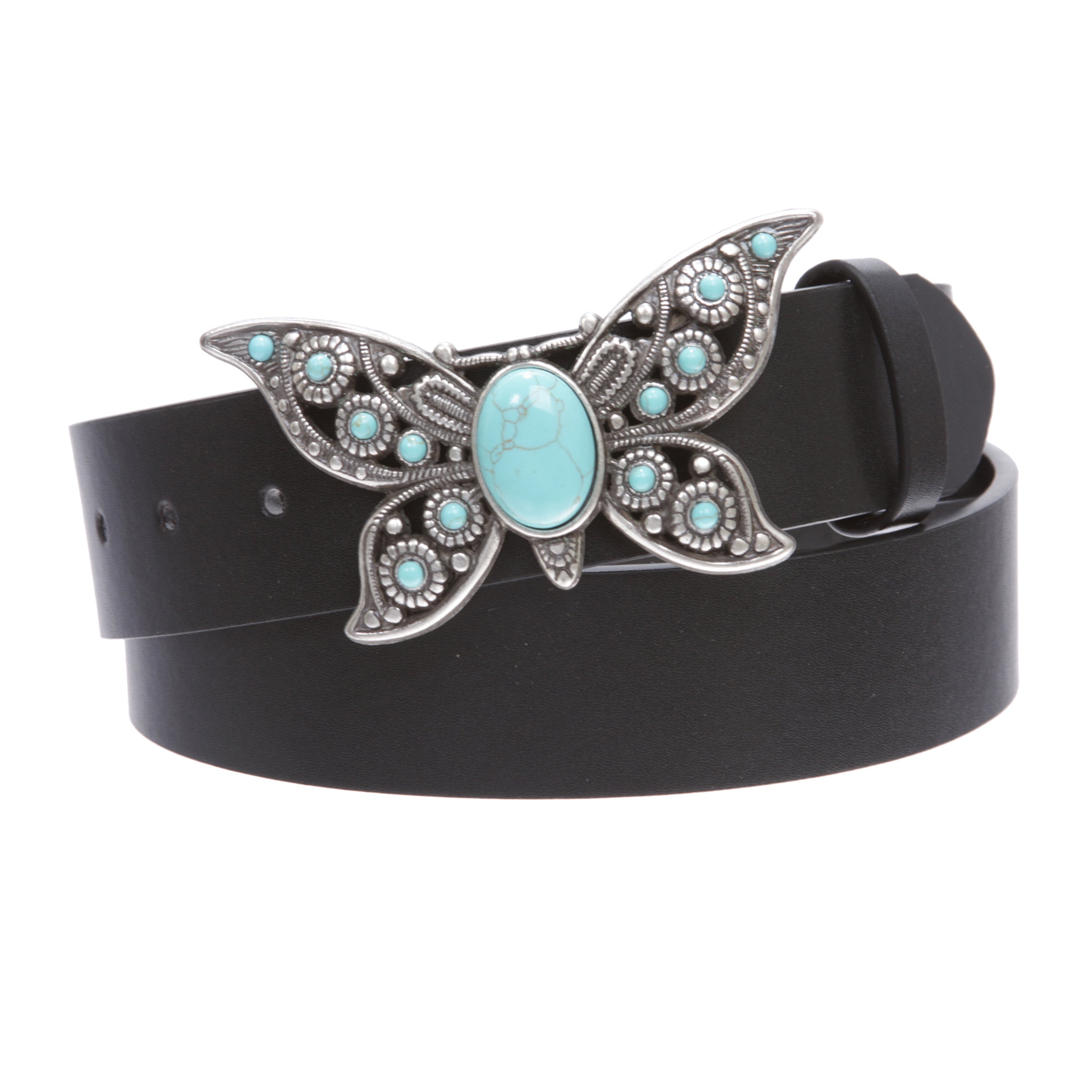 Women's Casual Jean Belt with Perforated Turquoise Stone Butterfly Belt Buckle - OnlineBelts