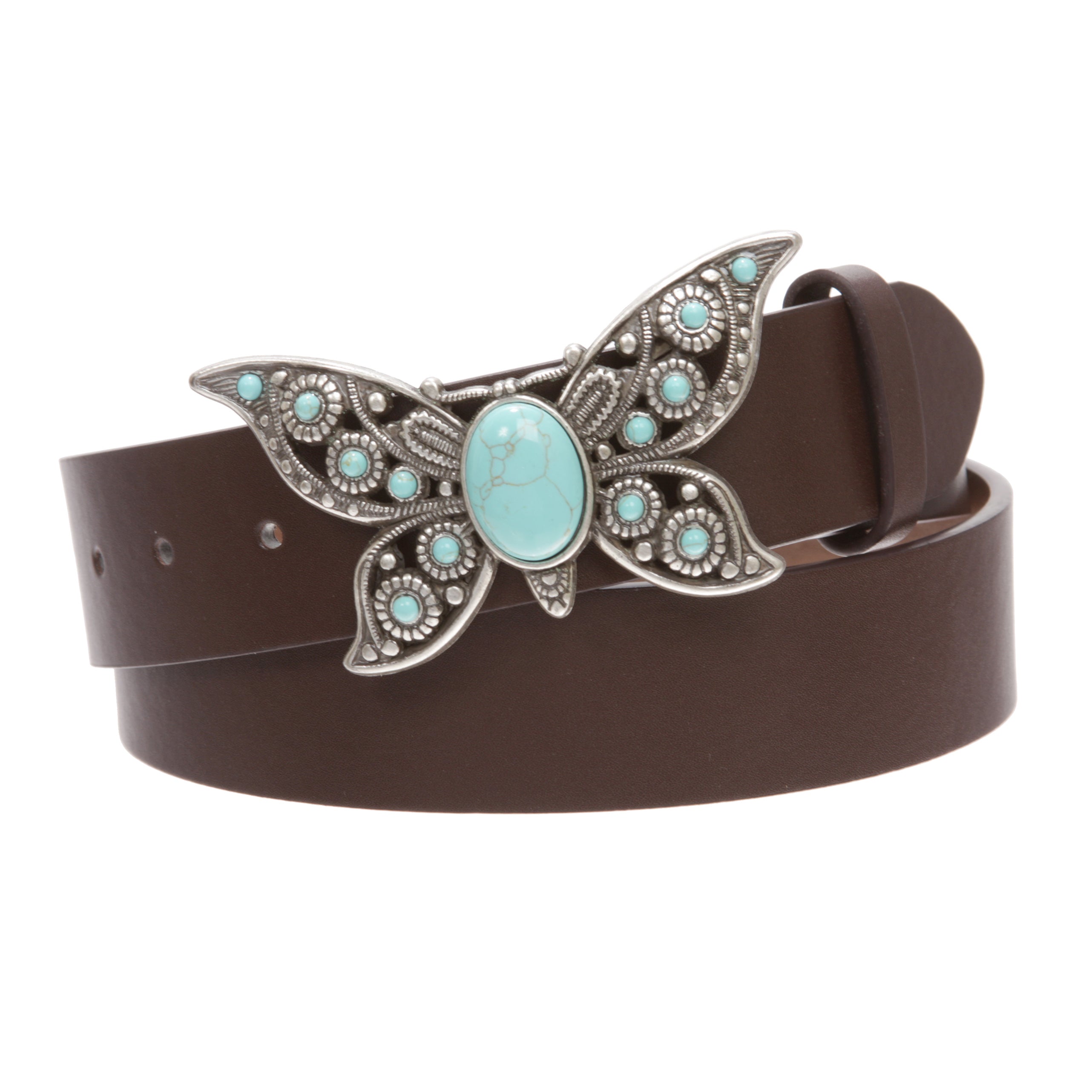 Women's Casual Jean Belt with Perforated Turquoise Stone Butterfly Belt Buckle - OnlineBelts