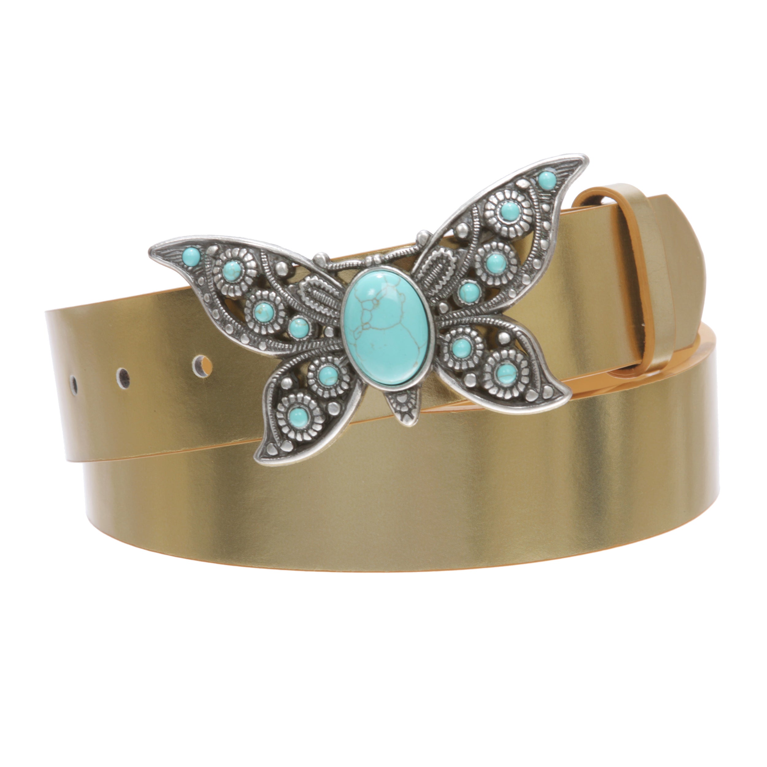 Women's Casual Jean Belt with Perforated Turquoise Stone Butterfly Belt Buckle - OnlineBelts
