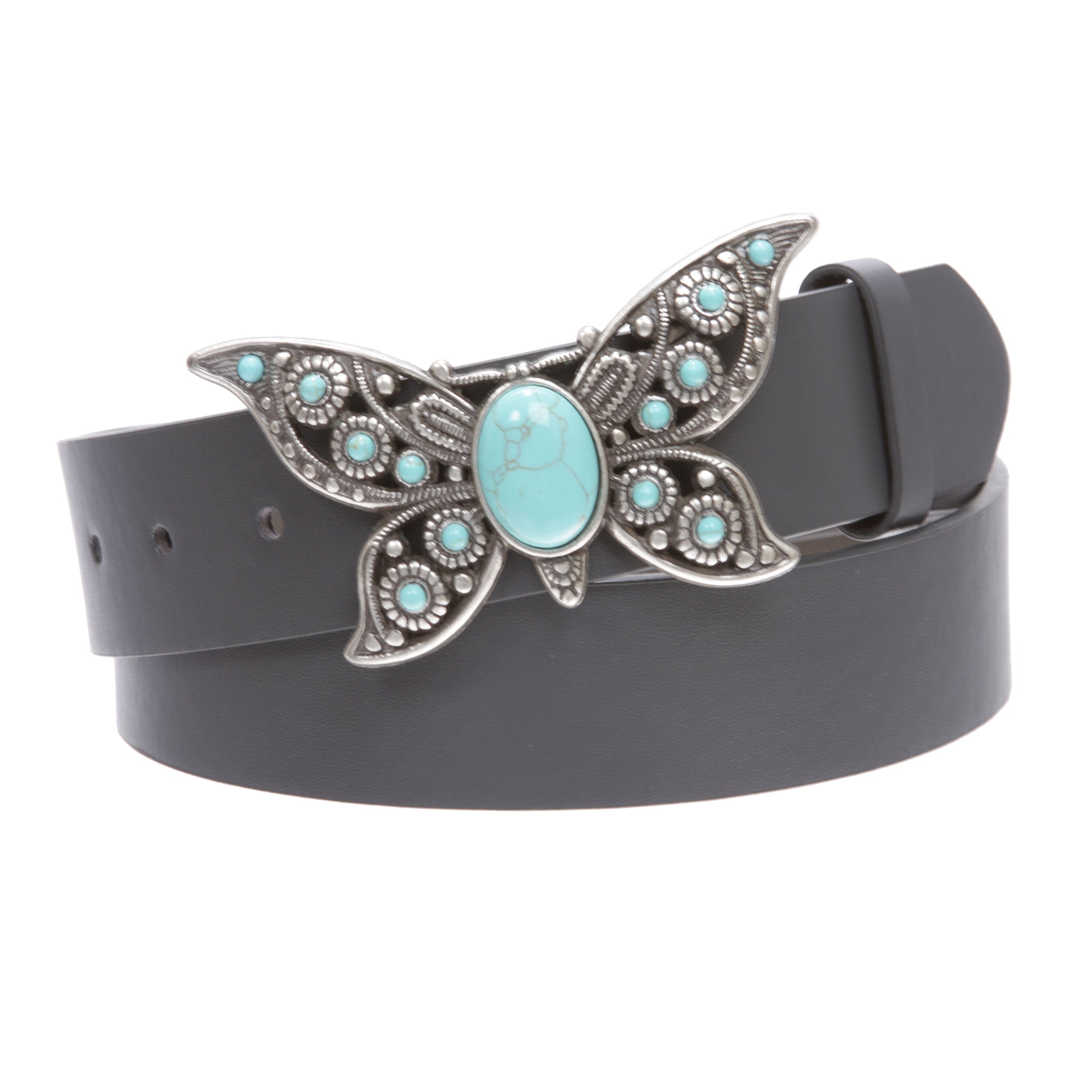 Women's Casual Jean Belt with Perforated Turquoise Stone Butterfly Belt Buckle - OnlineBelts