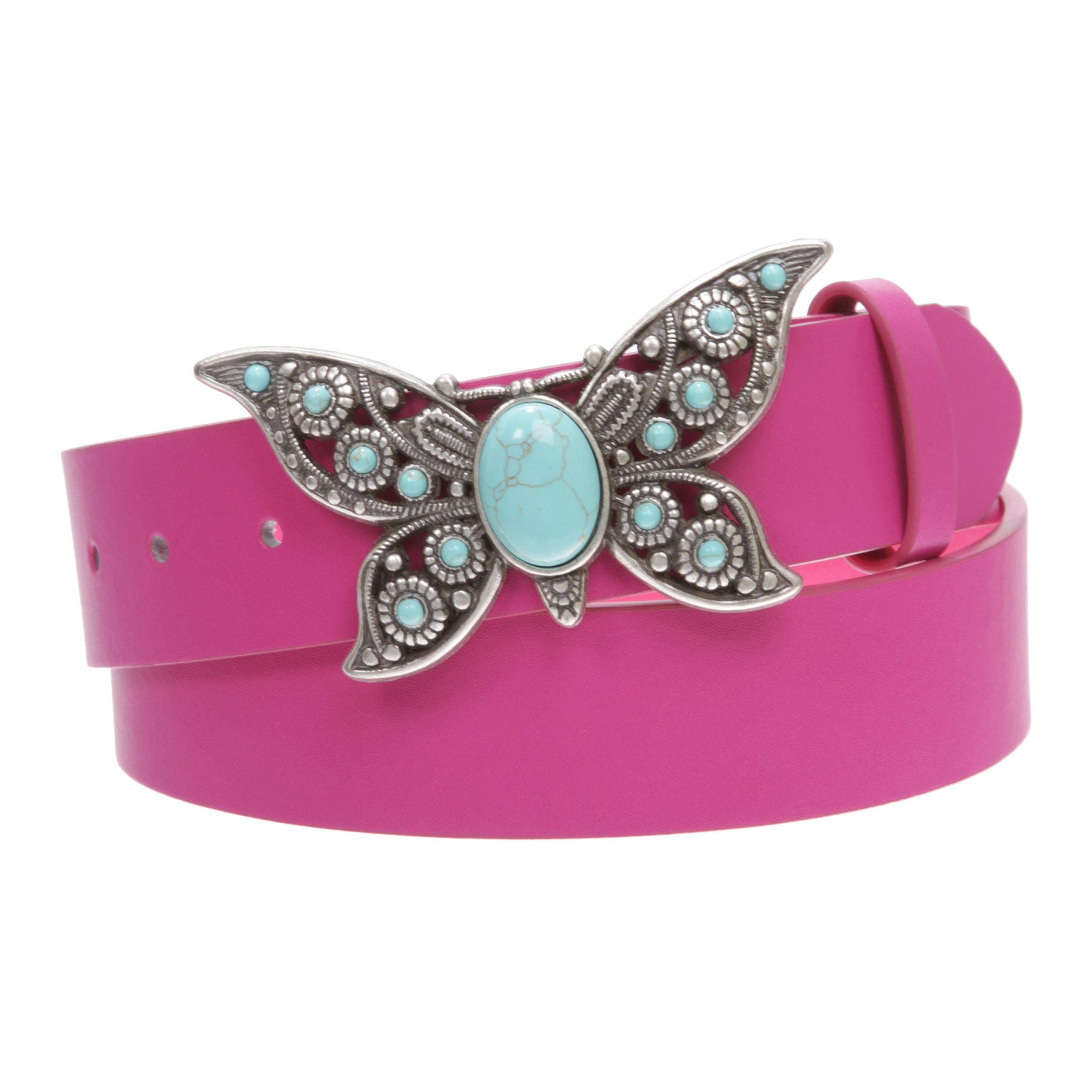 Women's Casual Jean Belt with Perforated Turquoise Stone Butterfly Belt Buckle - OnlineBelts