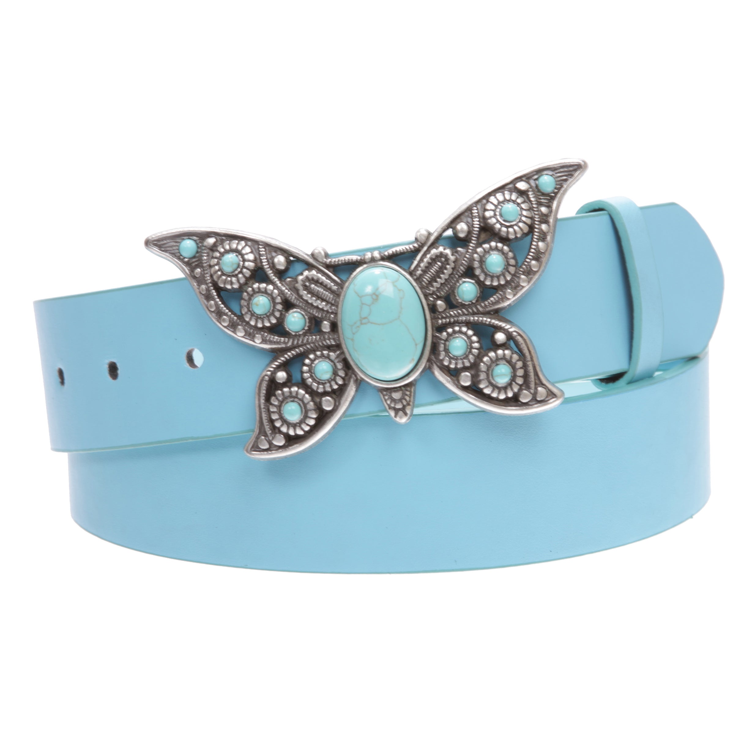 Women's Casual Jean Belt with Perforated Turquoise Stone Butterfly Belt Buckle - OnlineBelts