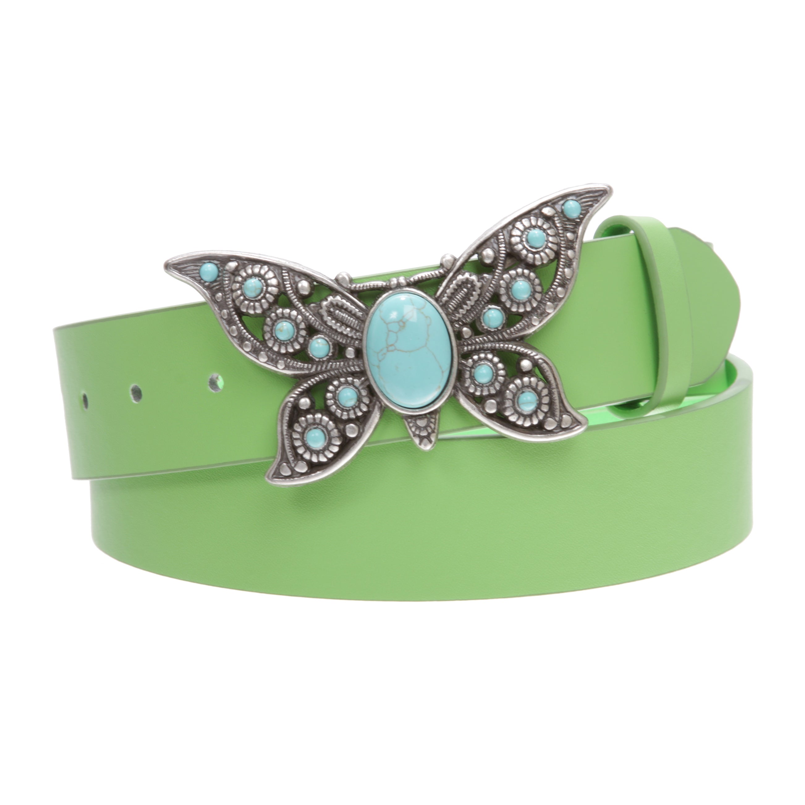 Women's Casual Jean Belt with Perforated Turquoise Stone Butterfly Belt Buckle - OnlineBelts