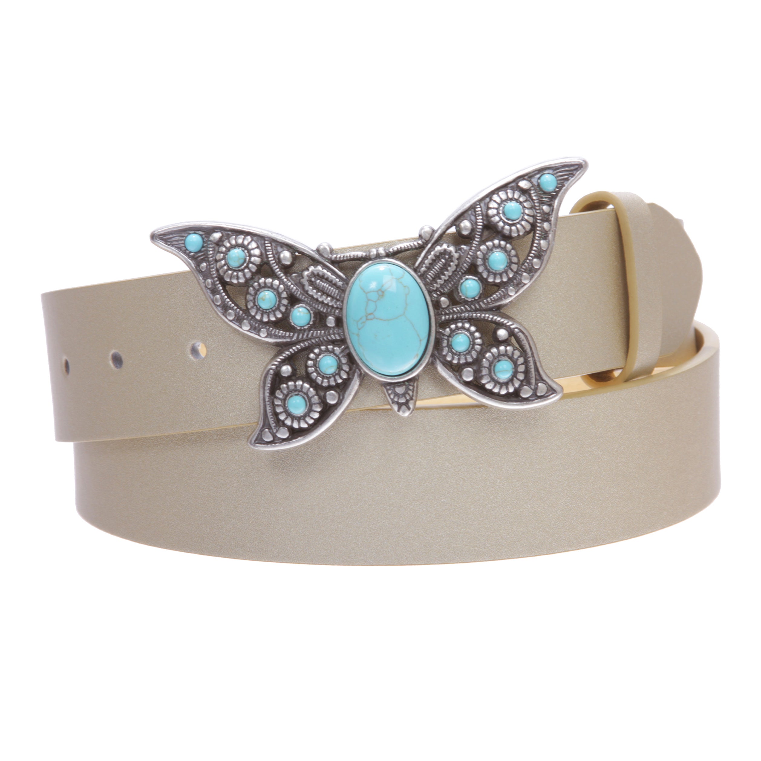 Women's Casual Jean Belt with Perforated Turquoise Stone Butterfly Belt Buckle - OnlineBelts