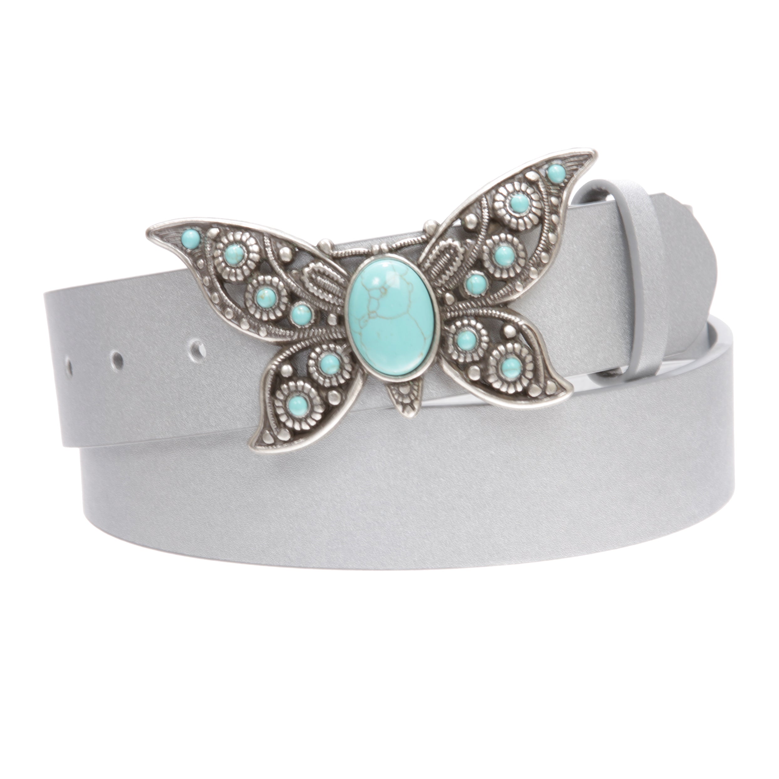 Women's Casual Jean Belt with Perforated Turquoise Stone Butterfly Belt Buckle - OnlineBelts