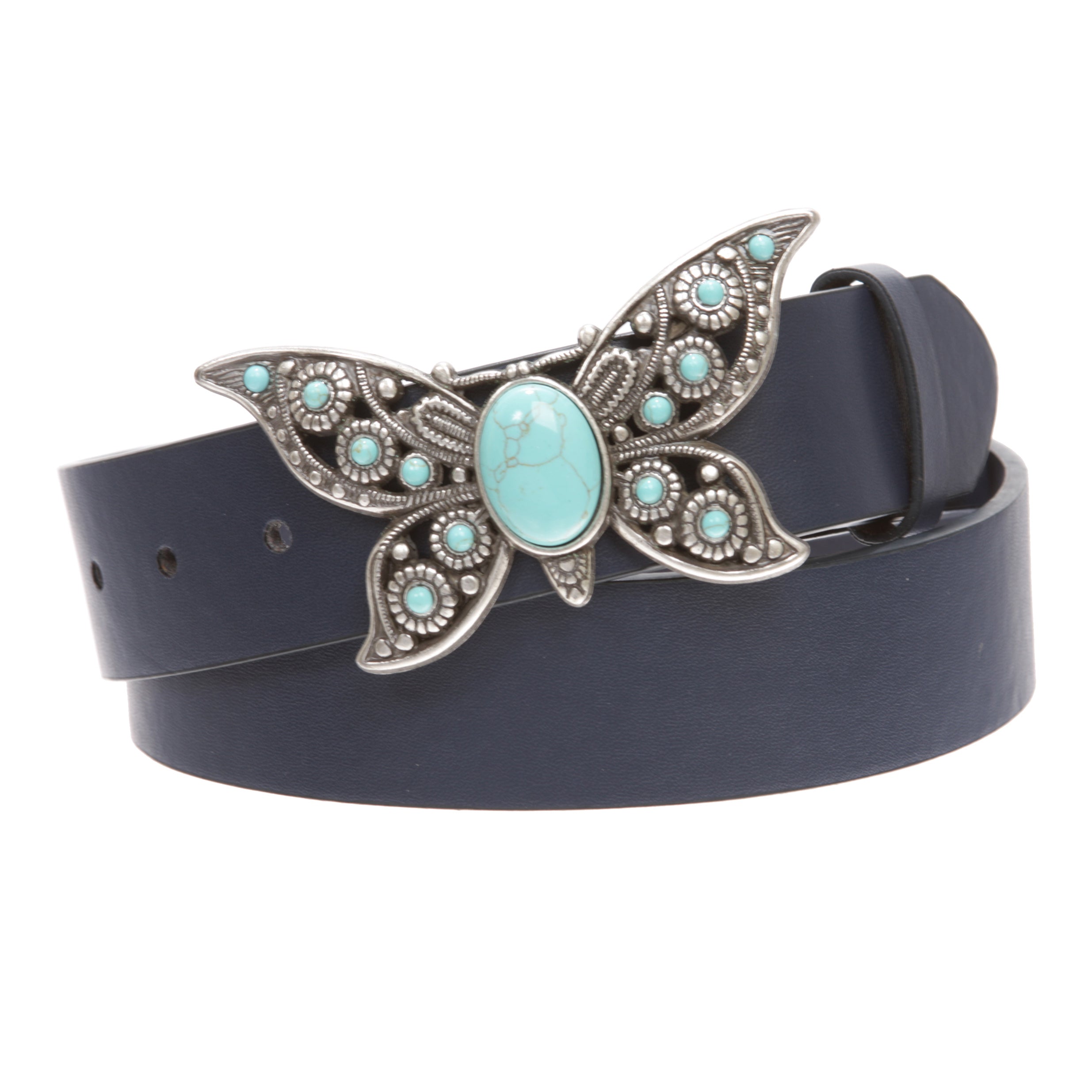 Women's Casual Jean Belt with Perforated Turquoise Stone Butterfly Belt Buckle - OnlineBelts