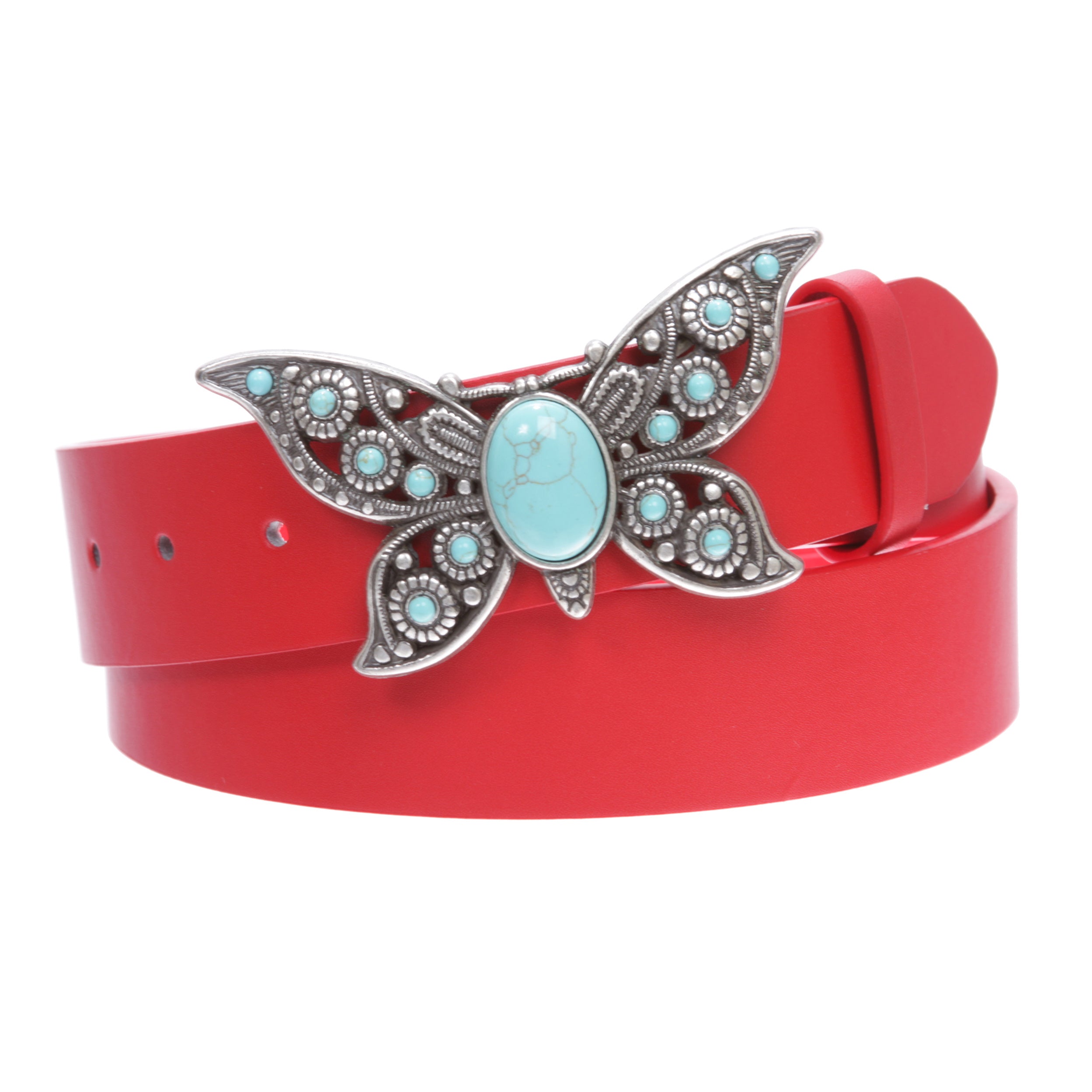 Women's Casual Jean Belt with Perforated Turquoise Stone Butterfly Belt Buckle - OnlineBelts