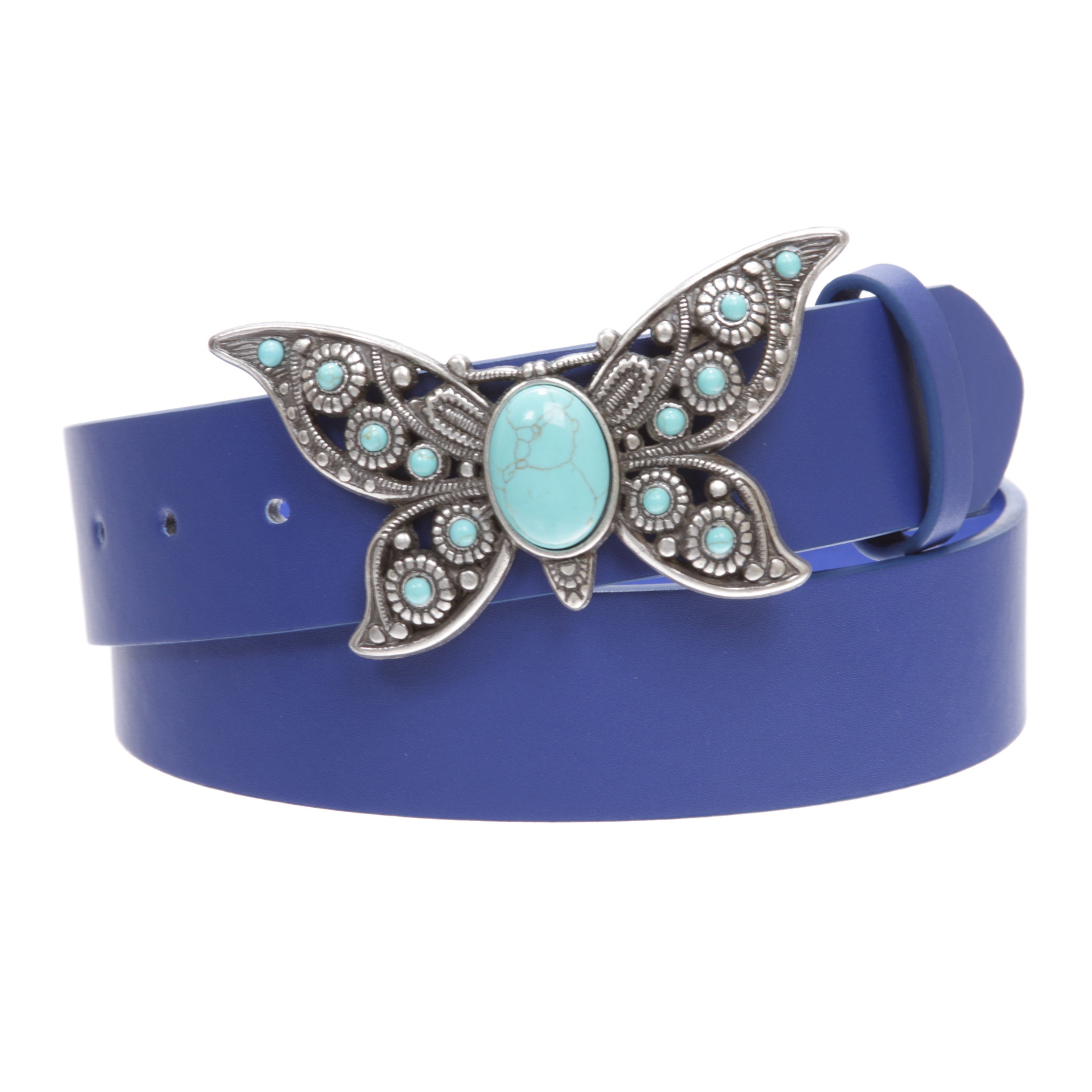 Women's Casual Jean Belt with Perforated Turquoise Stone Butterfly Belt Buckle - OnlineBelts