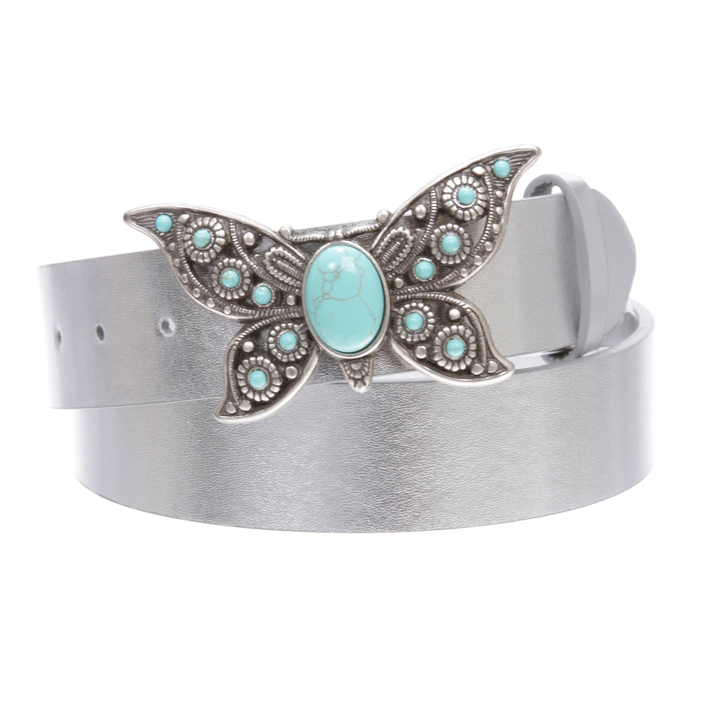 Women's Casual Jean Belt with Perforated Turquoise Stone Butterfly Belt Buckle - OnlineBelts