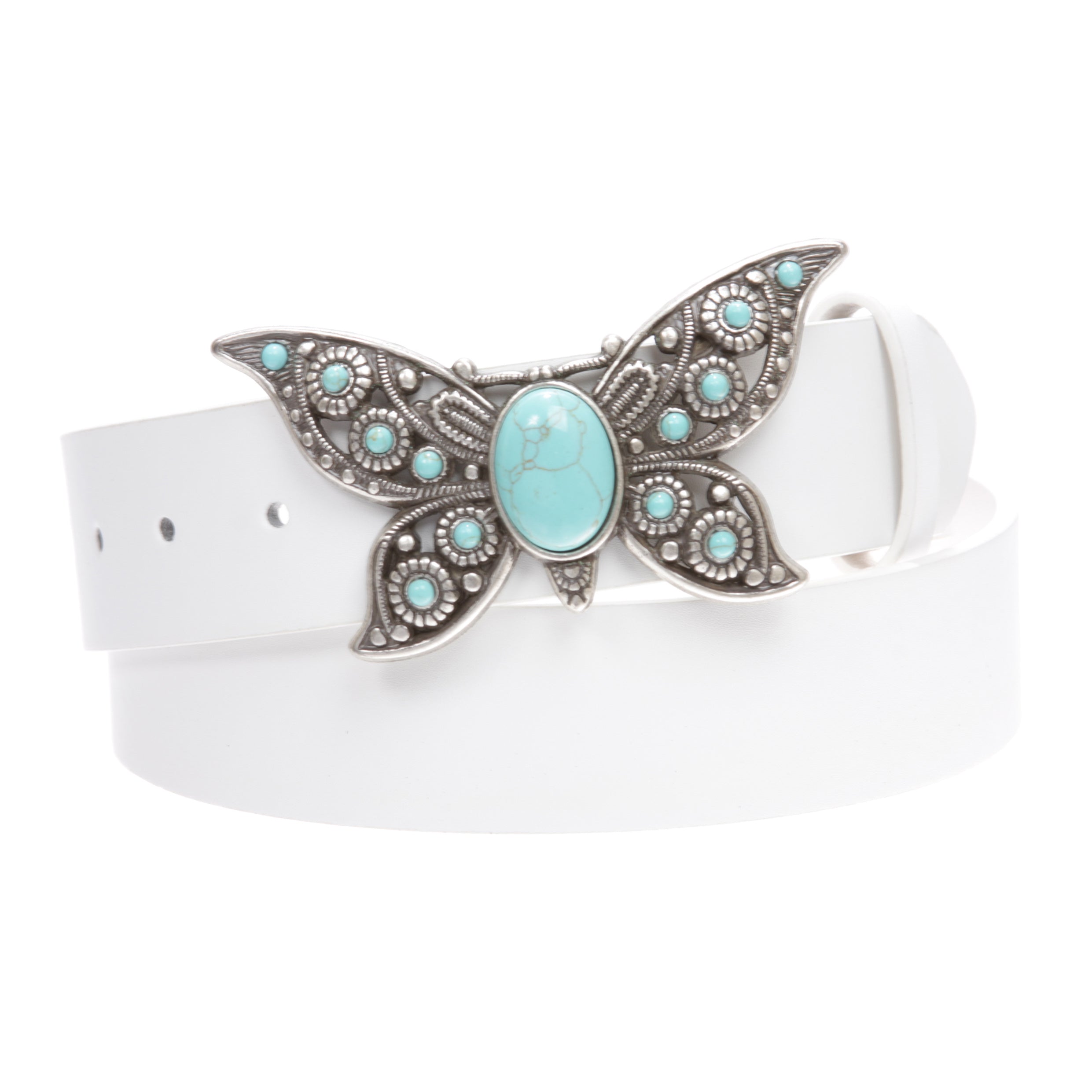 Women's Casual Jean Belt with Perforated Turquoise Stone Butterfly Belt Buckle - OnlineBelts