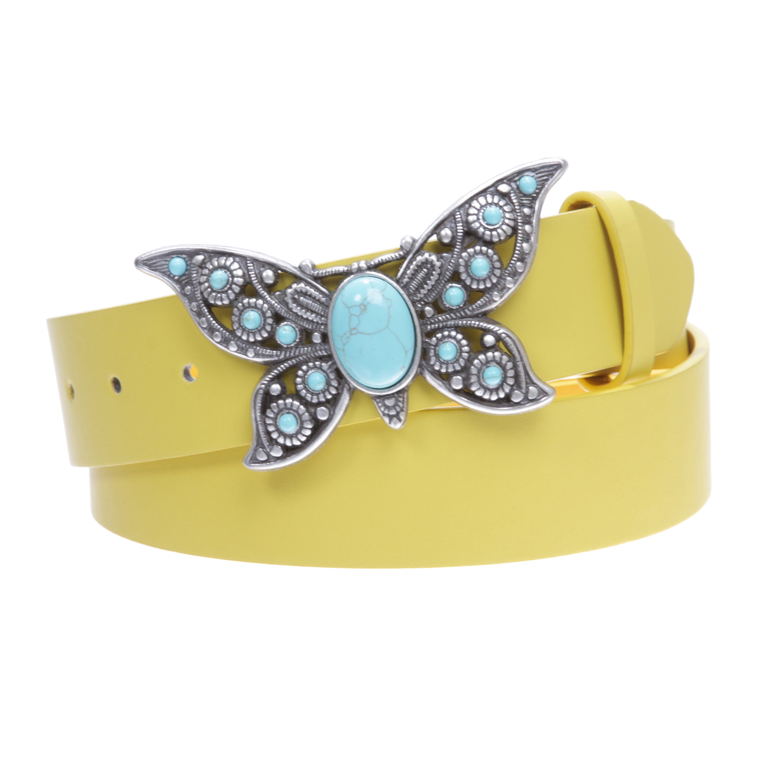 Women's Casual Jean Belt with Perforated Turquoise Stone Butterfly Belt Buckle - OnlineBelts