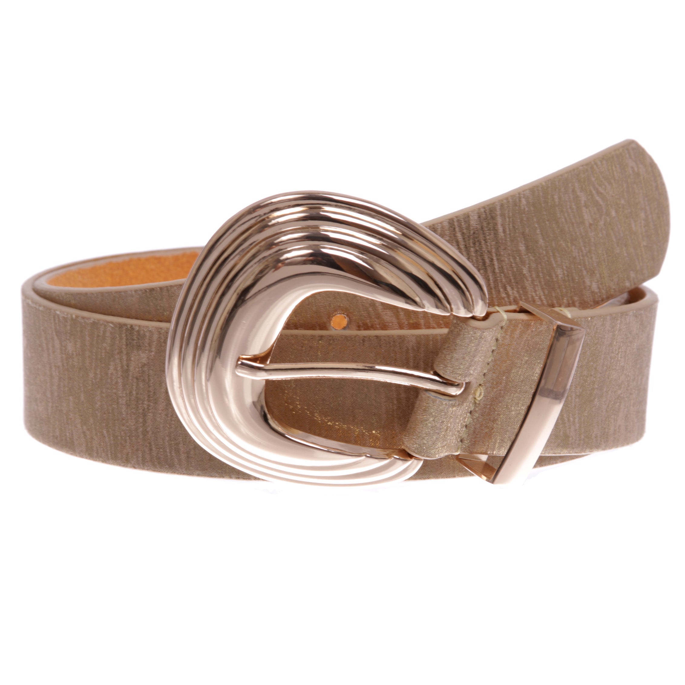 Womens Gold Accent Shell Buckle Shimmer Leather Belt - OnlineBelts