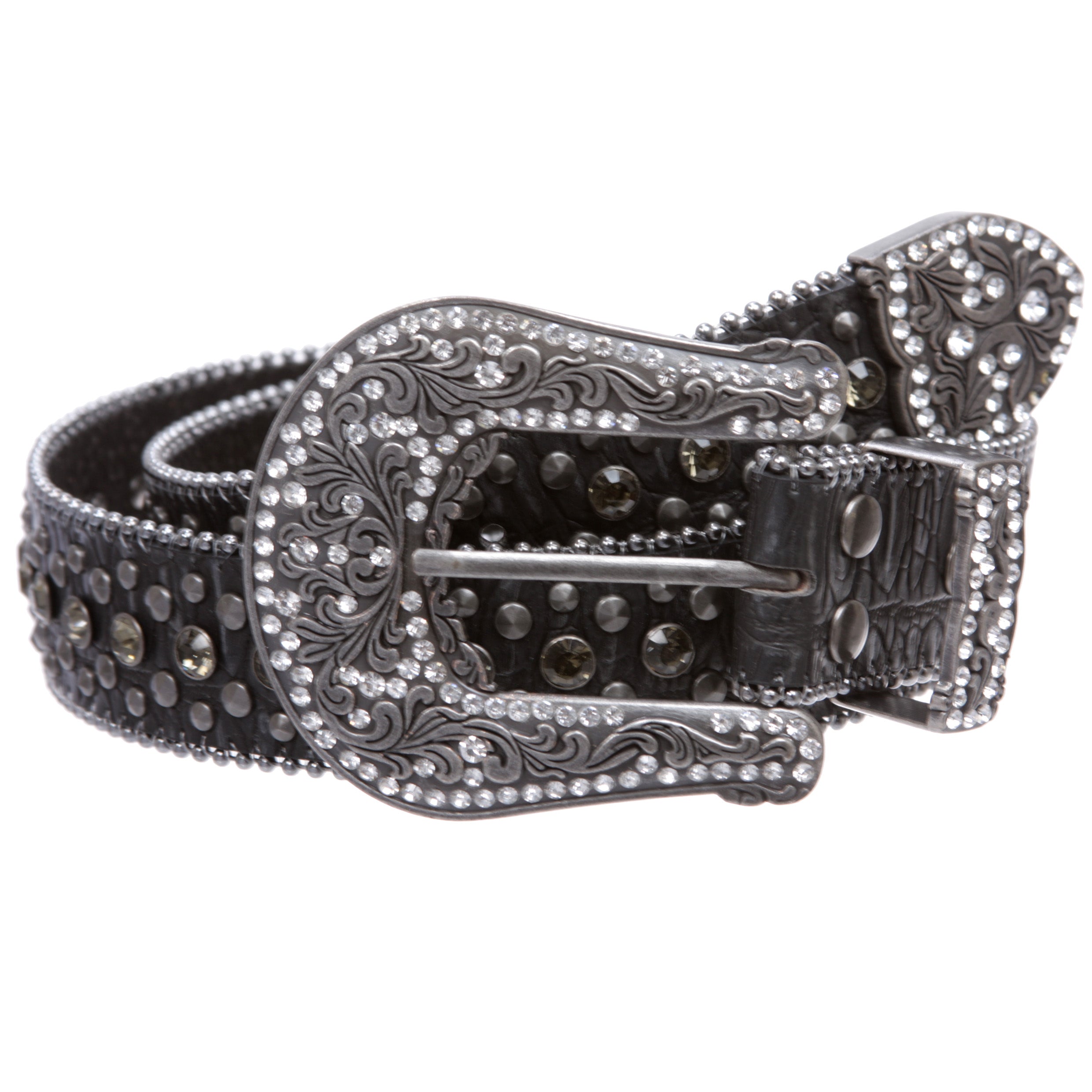 Western Cowgirl Faux Alligator Rhinestone Studded Leather Belt - OnlineBelts