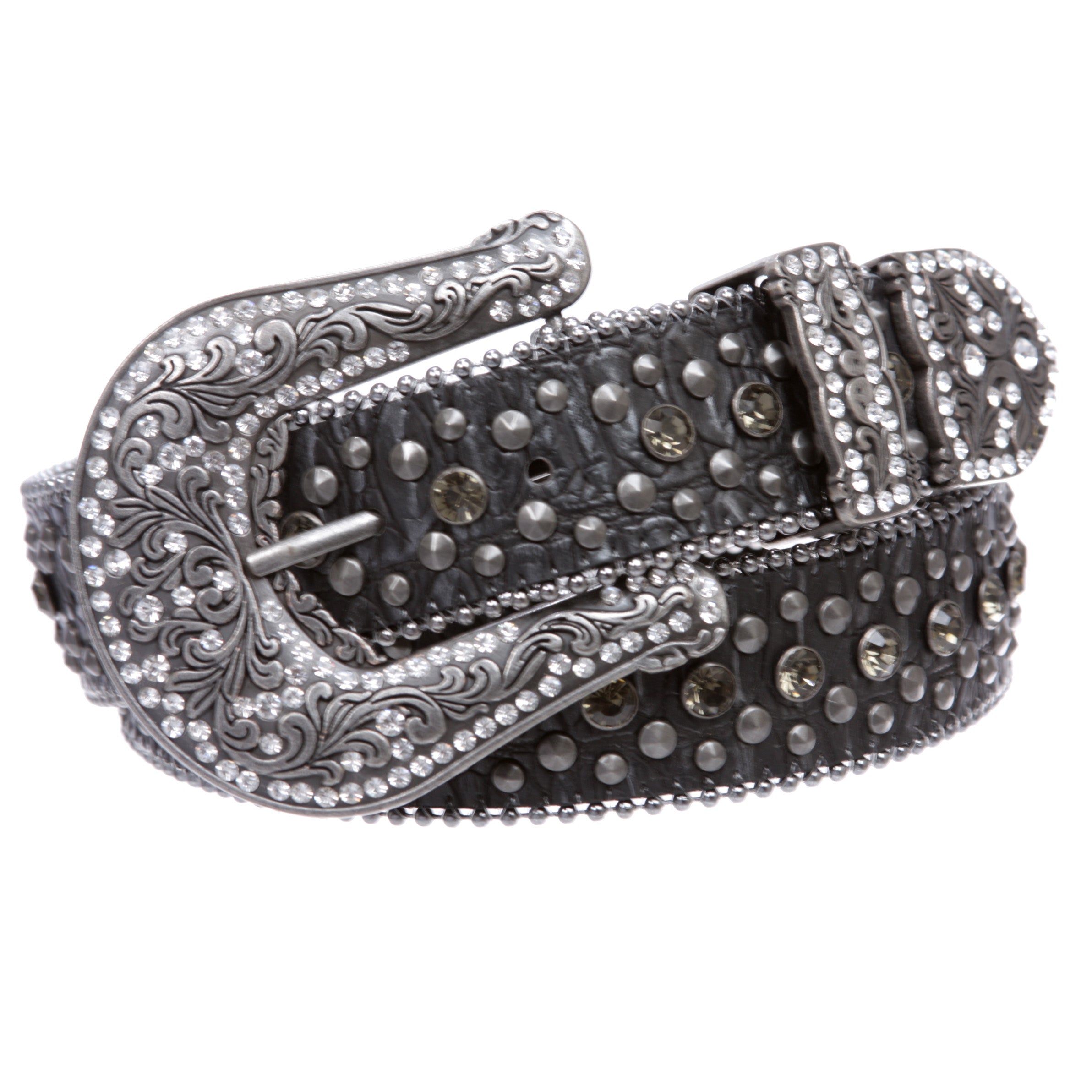 Western Cowgirl Faux Alligator Rhinestone Studded Leather Belt - OnlineBelts