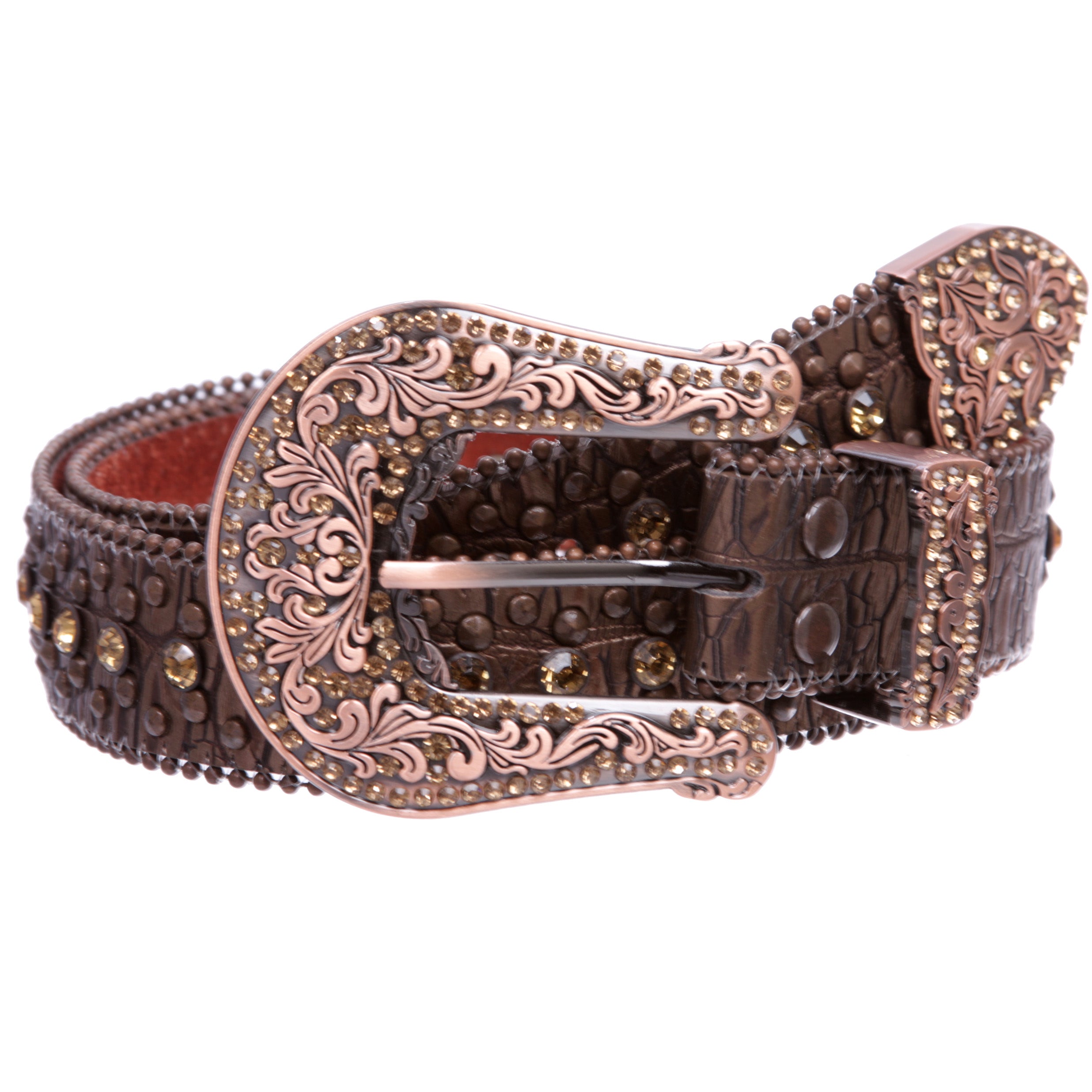 Western Cowgirl Faux Alligator Rhinestone Studded Leather Belt - OnlineBelts