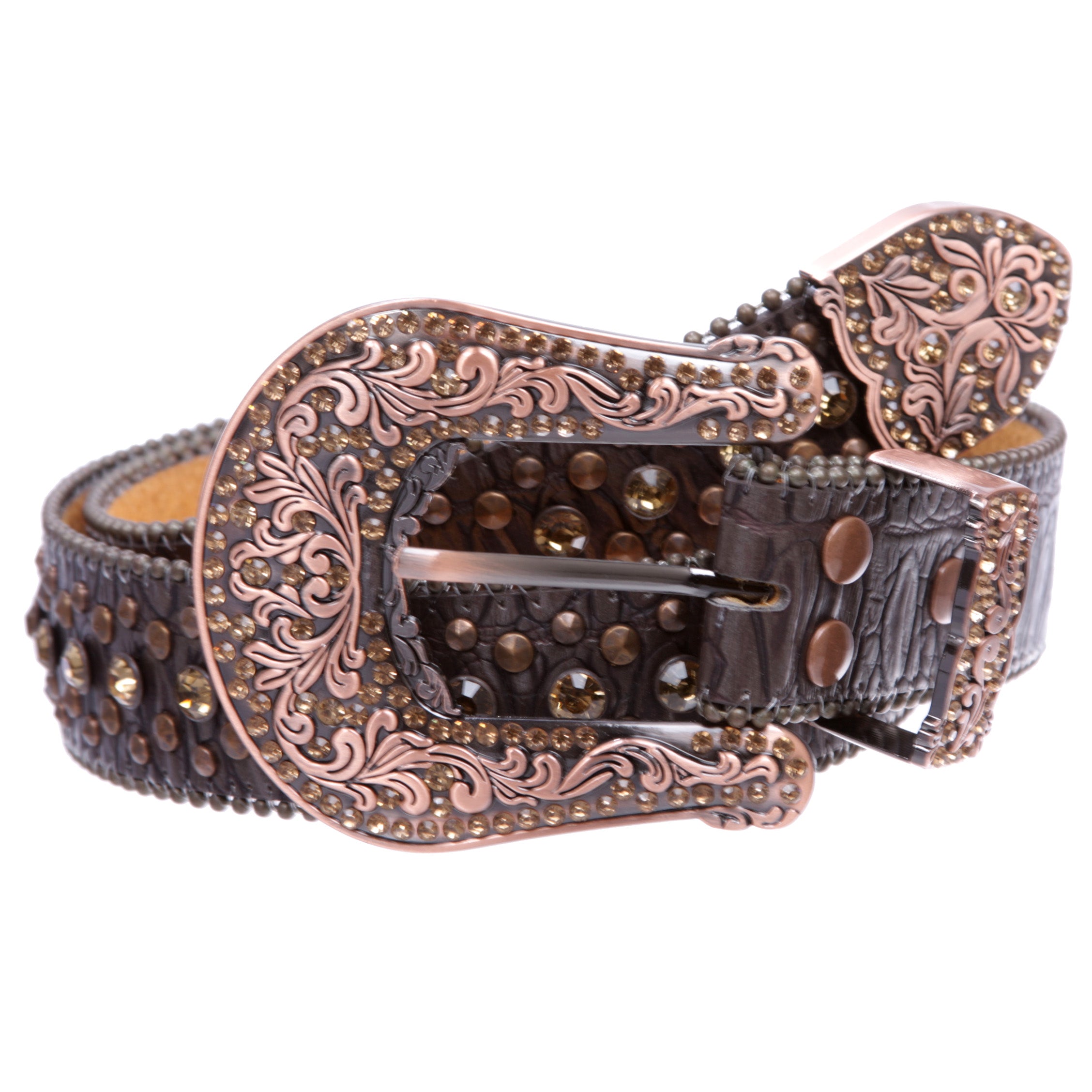 Western Cowgirl Faux Alligator Rhinestone Studded Leather Belt - OnlineBelts