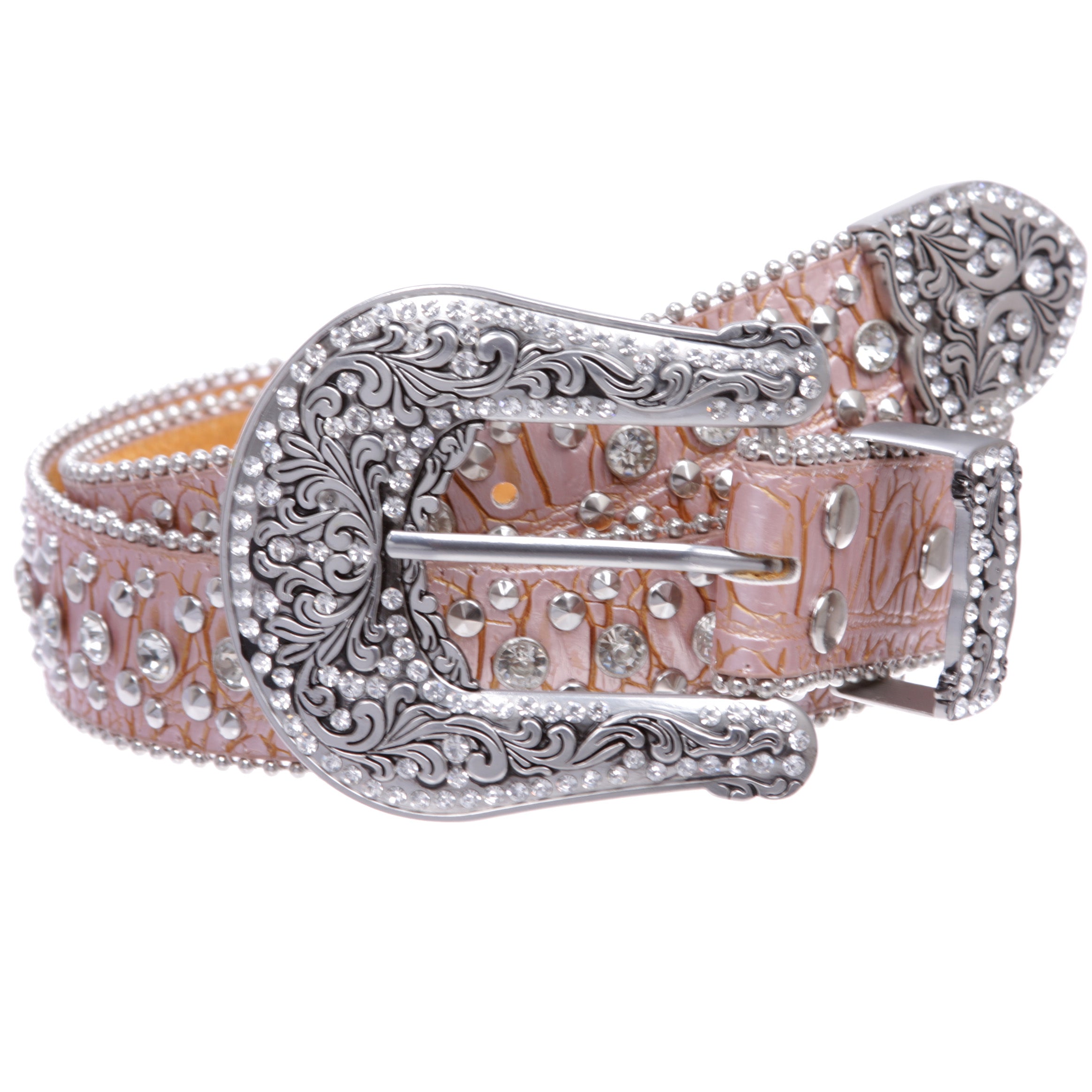 Western Cowgirl Faux Alligator Rhinestone Studded Leather Belt - OnlineBelts