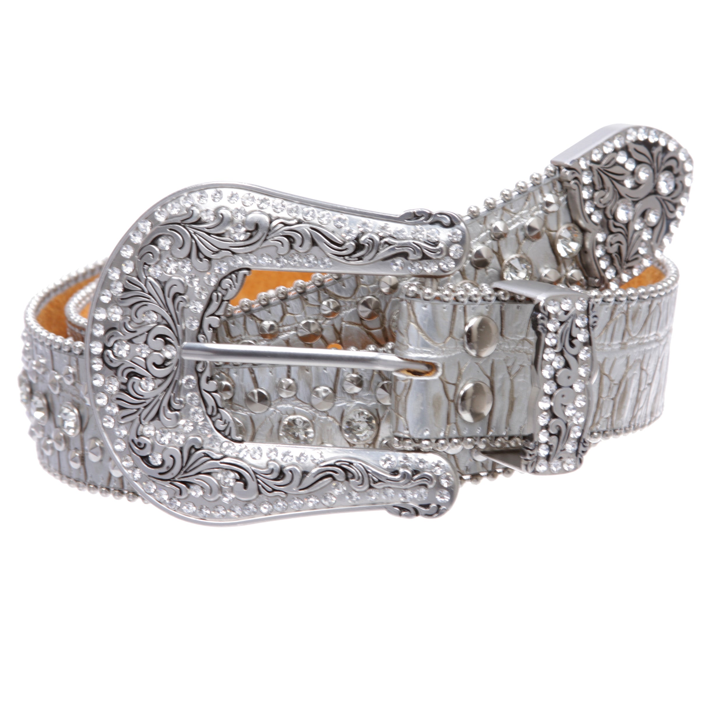 Western Cowgirl Faux Alligator Rhinestone Studded Leather Belt - OnlineBelts