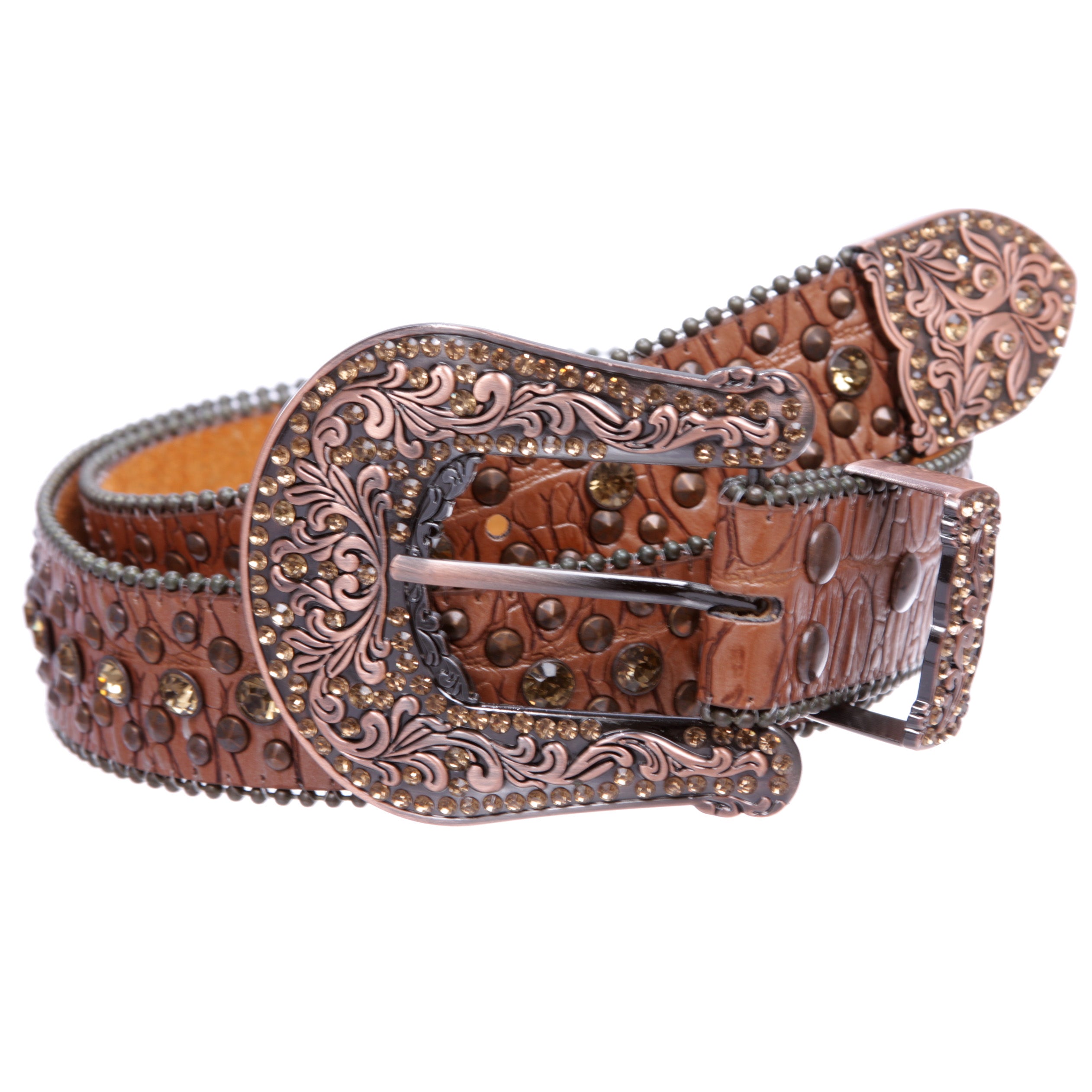Western Cowgirl Faux Alligator Rhinestone Studded Leather Belt - OnlineBelts