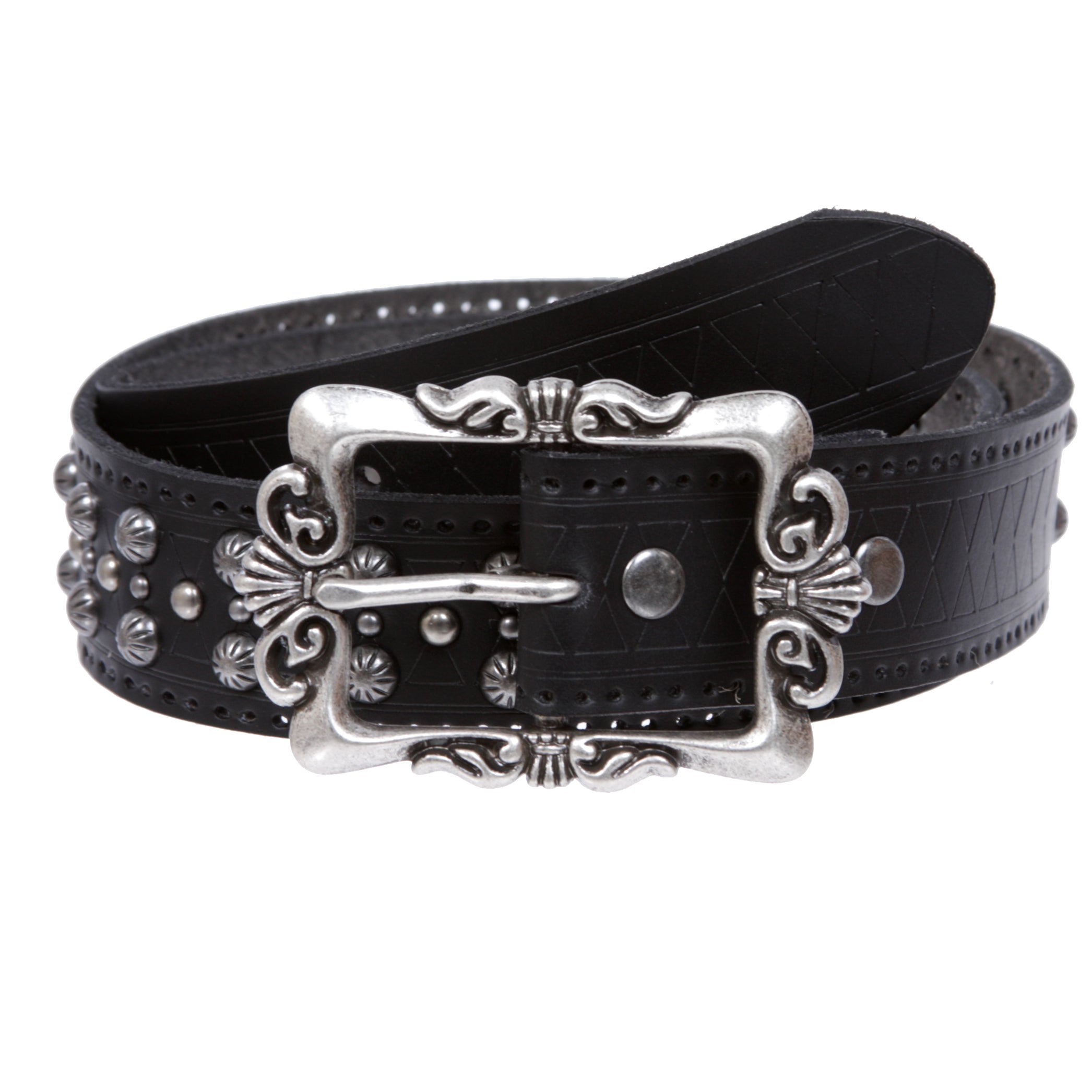 Womens Western Embossed Riveted Nail Head Studded Leather Belt - OnlineBelts