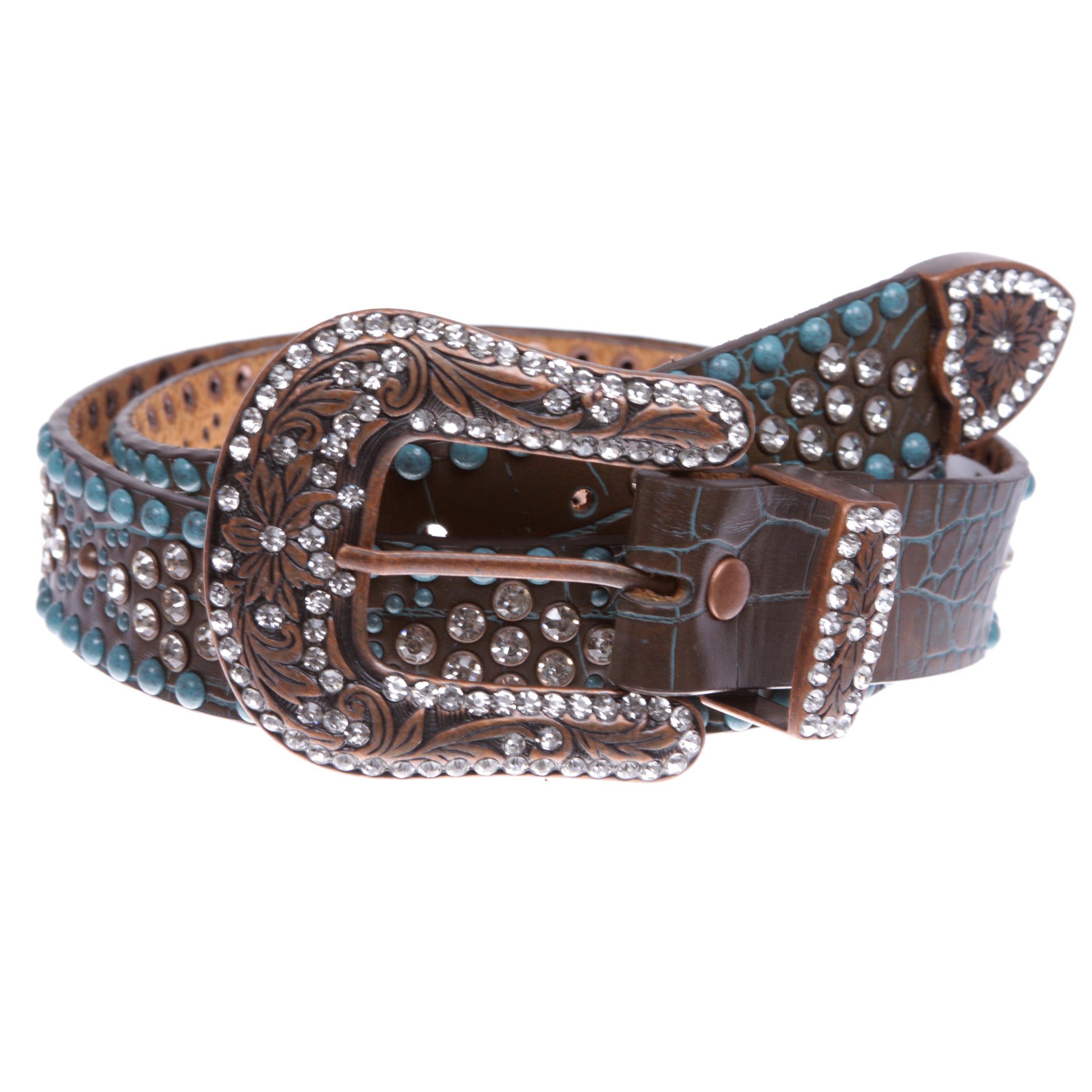 Western Croco Print Rhinestone & Turquoise Studded Leather Belt - OnlineBelts