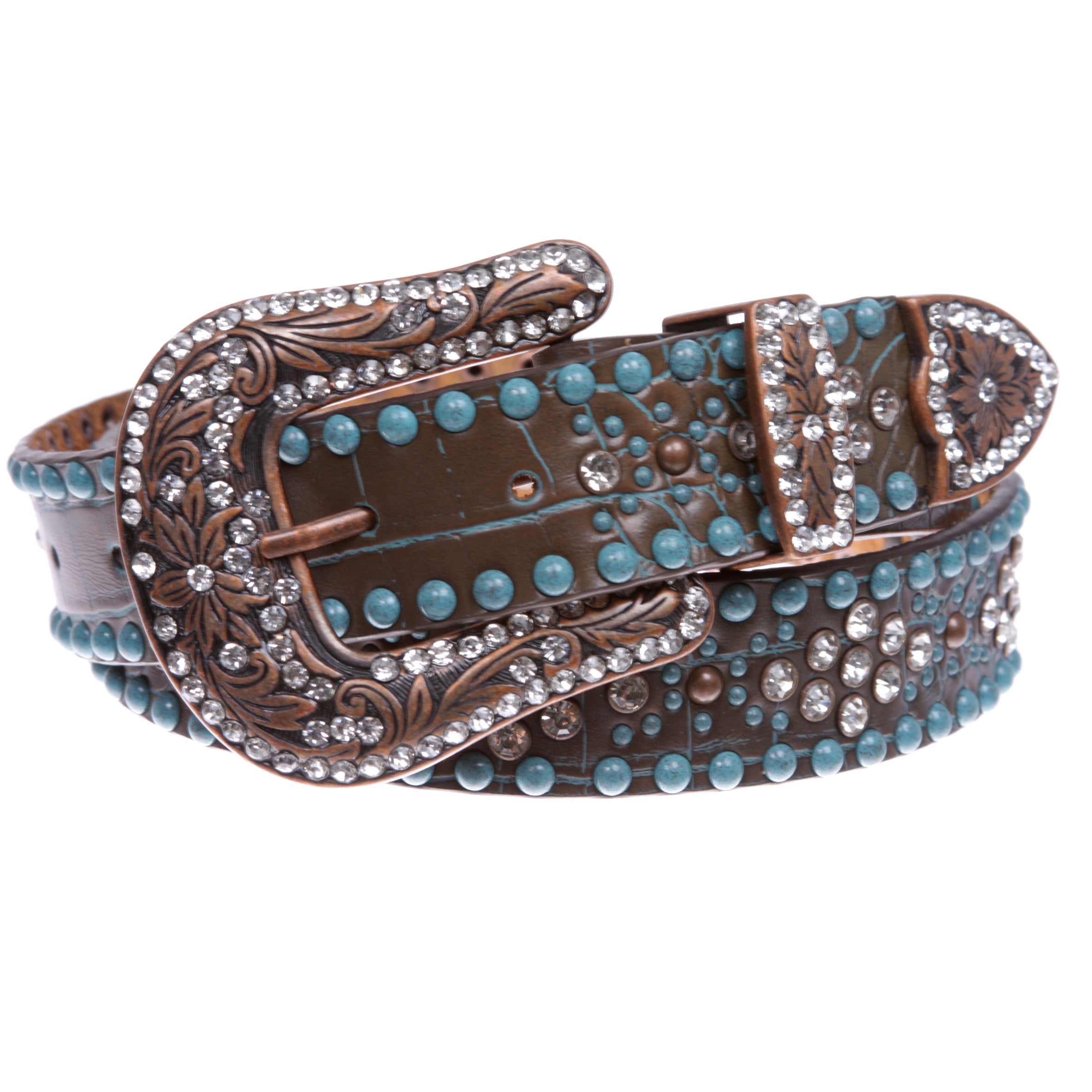 Western Croco Print Rhinestone & Turquoise Studded Leather Belt - OnlineBelts