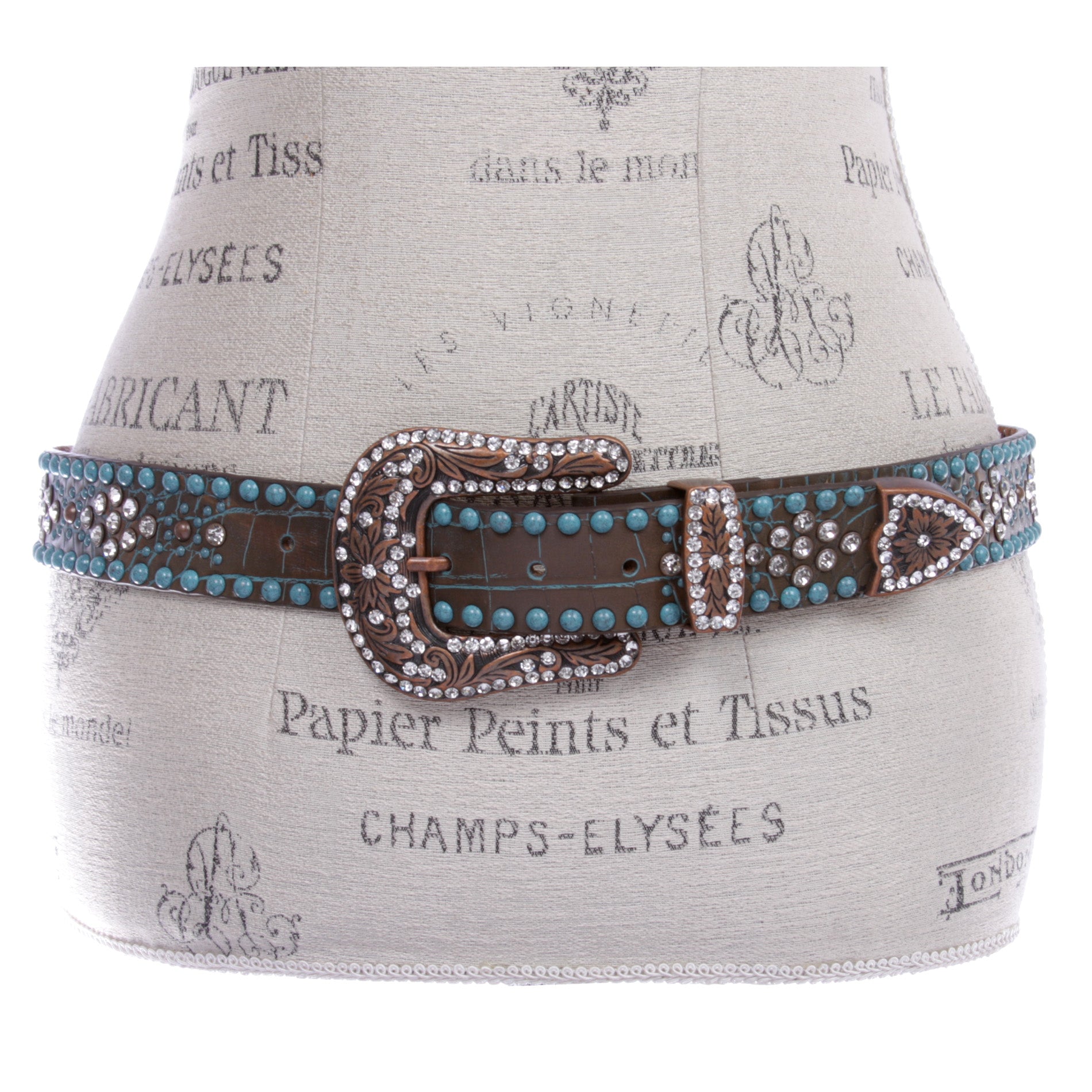 Western Croco Print Rhinestone & Turquoise Studded Leather Belt - OnlineBelts