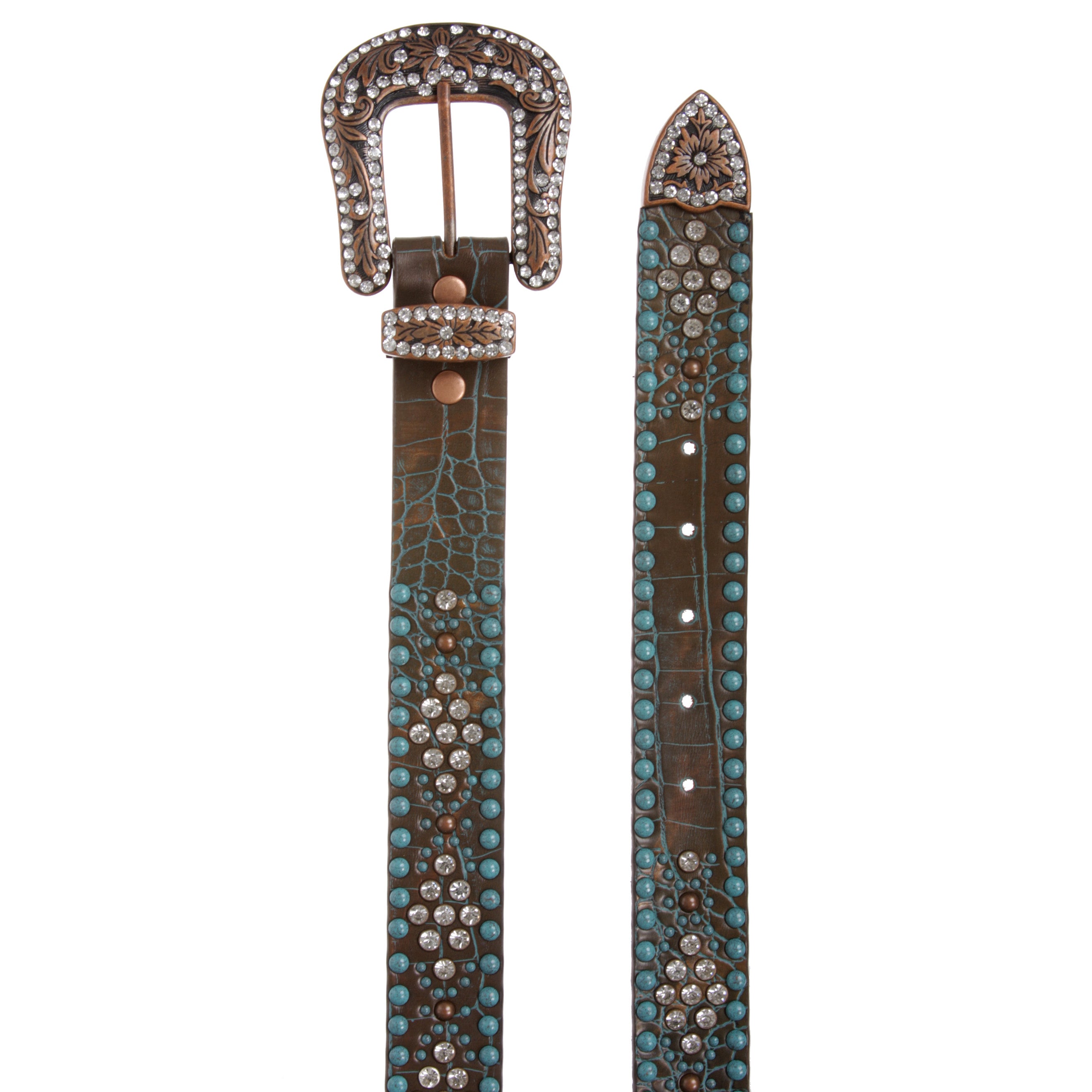 Western Croco Print Rhinestone & Turquoise Studded Leather Belt - OnlineBelts