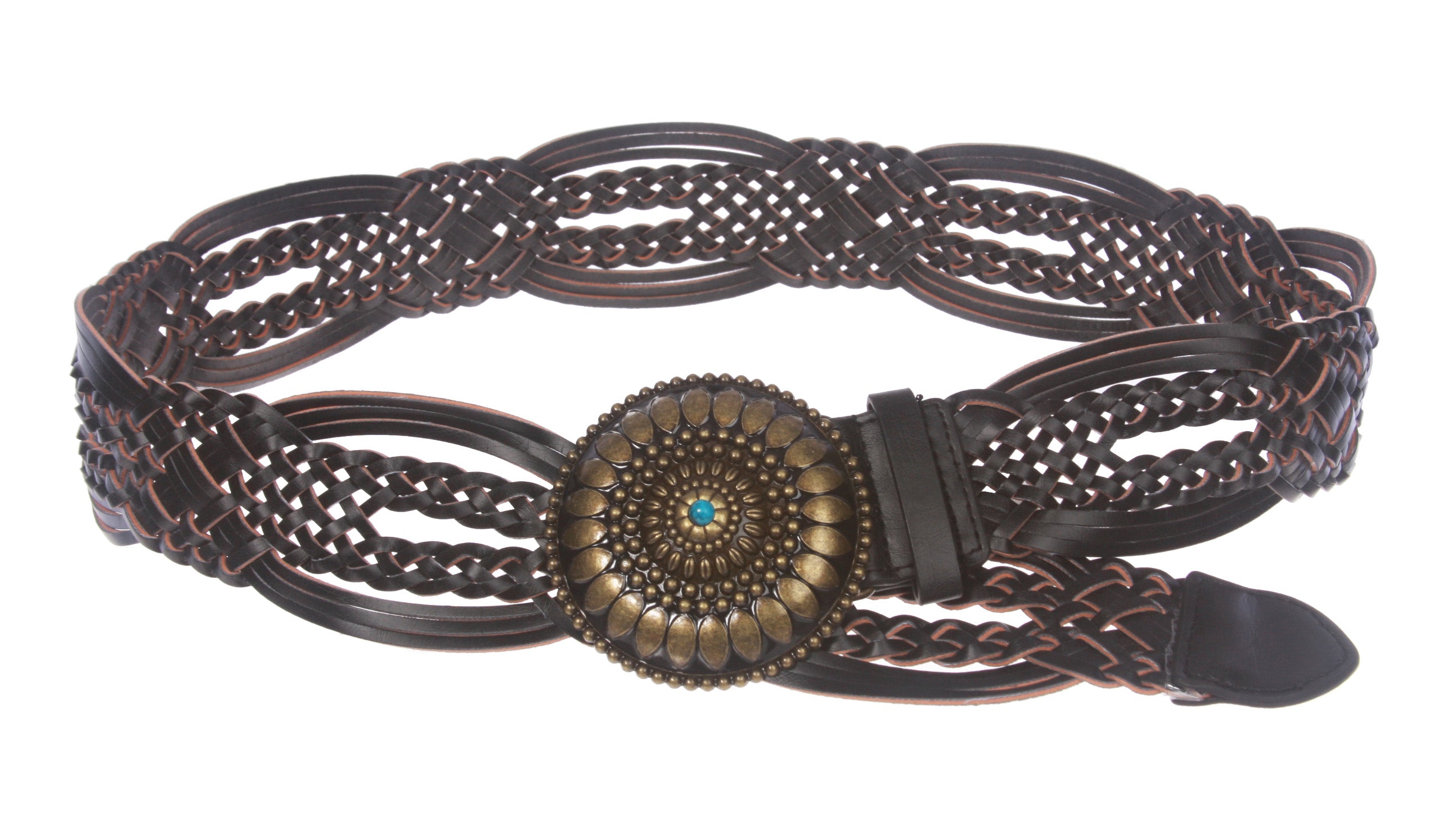 2" (50 mm) Genuine Leather Braided Woven Belt With Round Turquoise Stone Buckle - OnlineBelts