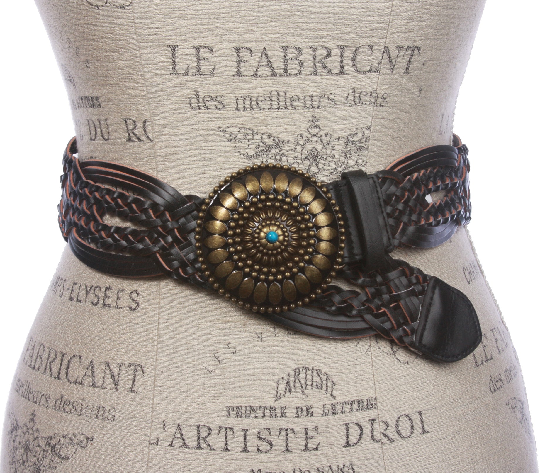 2" (50 mm) Genuine Leather Braided Woven Belt With Round Turquoise Stone Buckle - OnlineBelts