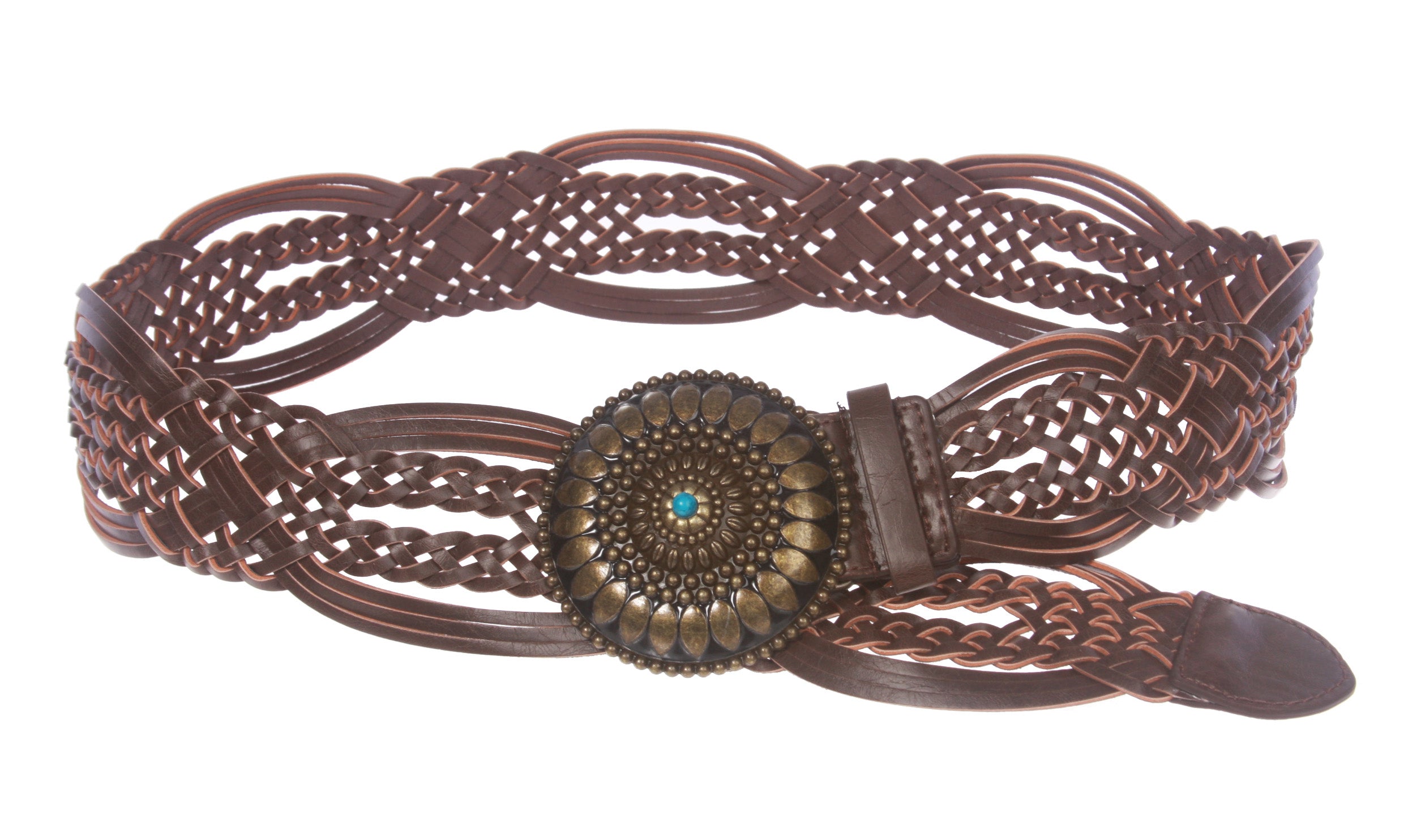 2" (50 mm) Genuine Leather Braided Woven Belt With Round Turquoise Stone Buckle - OnlineBelts