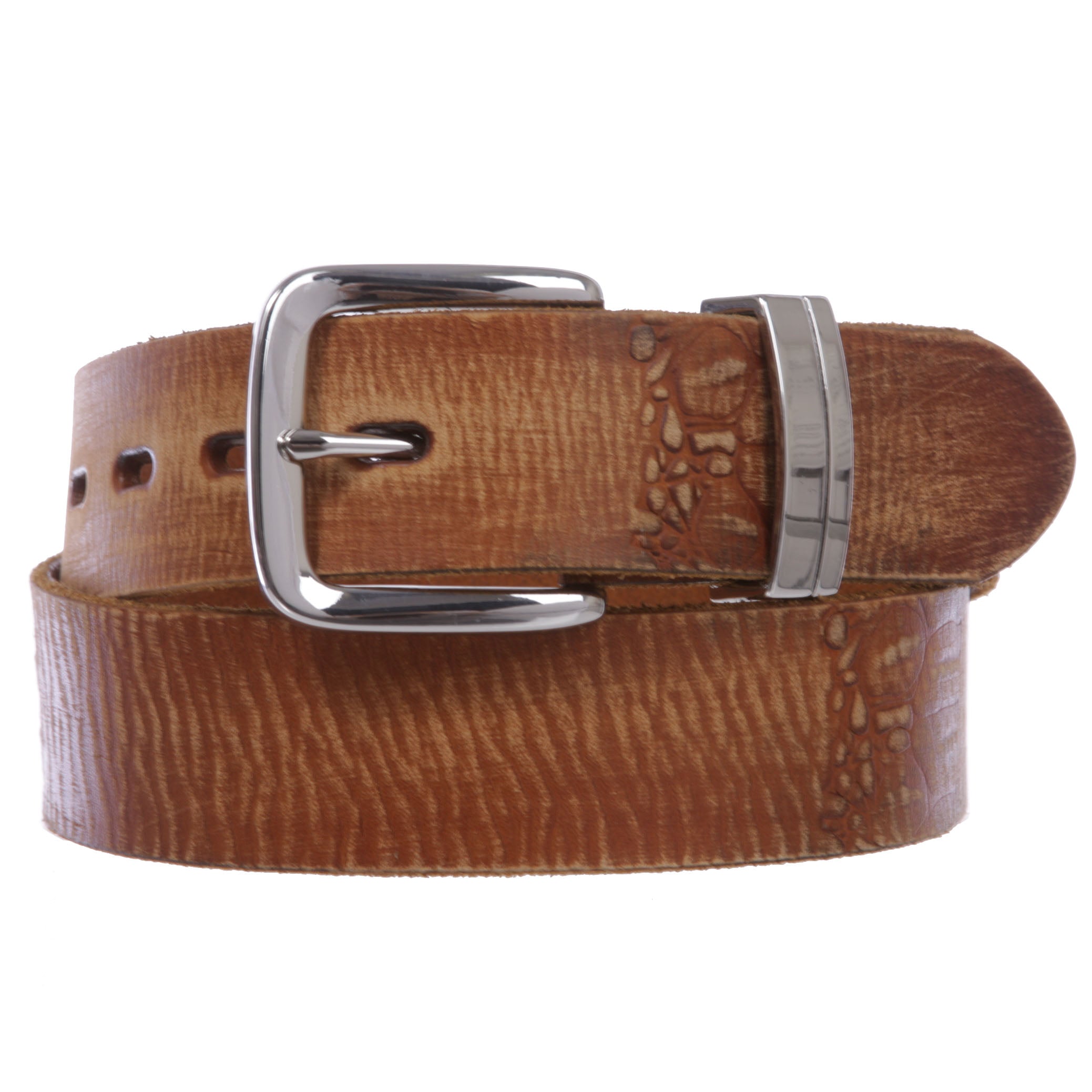 Snap On 1 1/2" Soft Hand Vintage Embossed Cowhide Full Grain Thick Leather Casual Belt - OnlineBelts