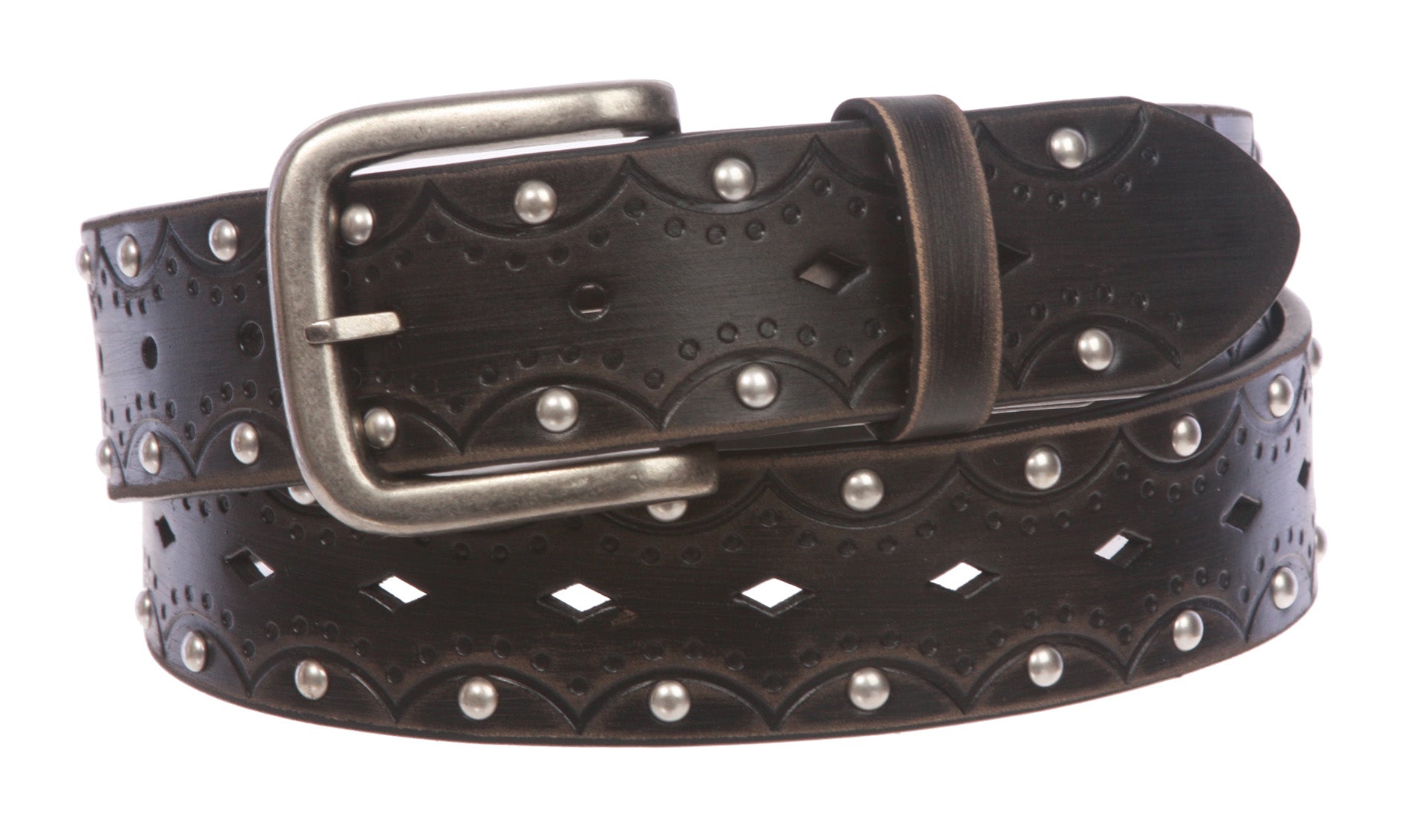 1 1/2" Snap on Perforated Vintage Embossed Studded Jean Belt - OnlineBelts