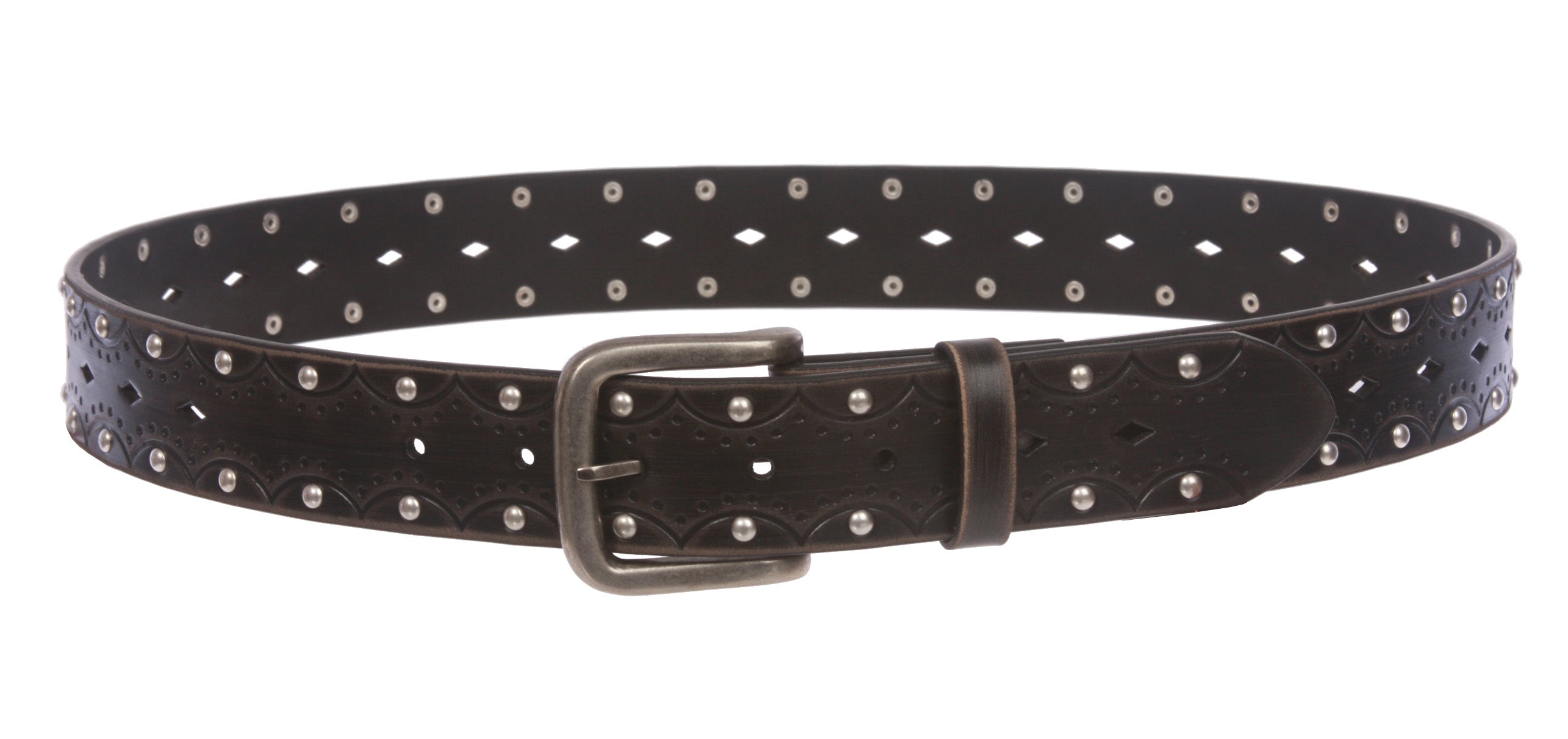 1 1/2" Snap on Perforated Vintage Embossed Studded Jean Belt - OnlineBelts